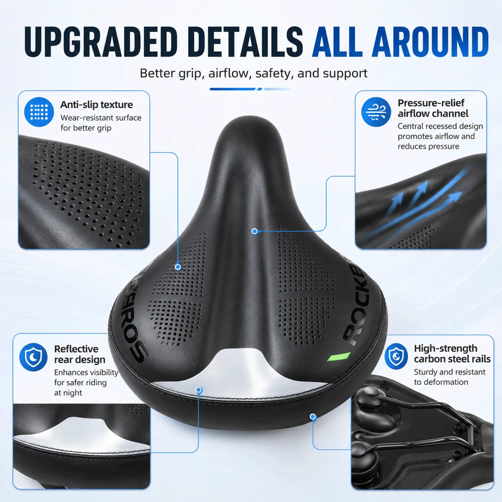 ROCKBROS inflatable shock absorbing bike saddle for smooth rides.