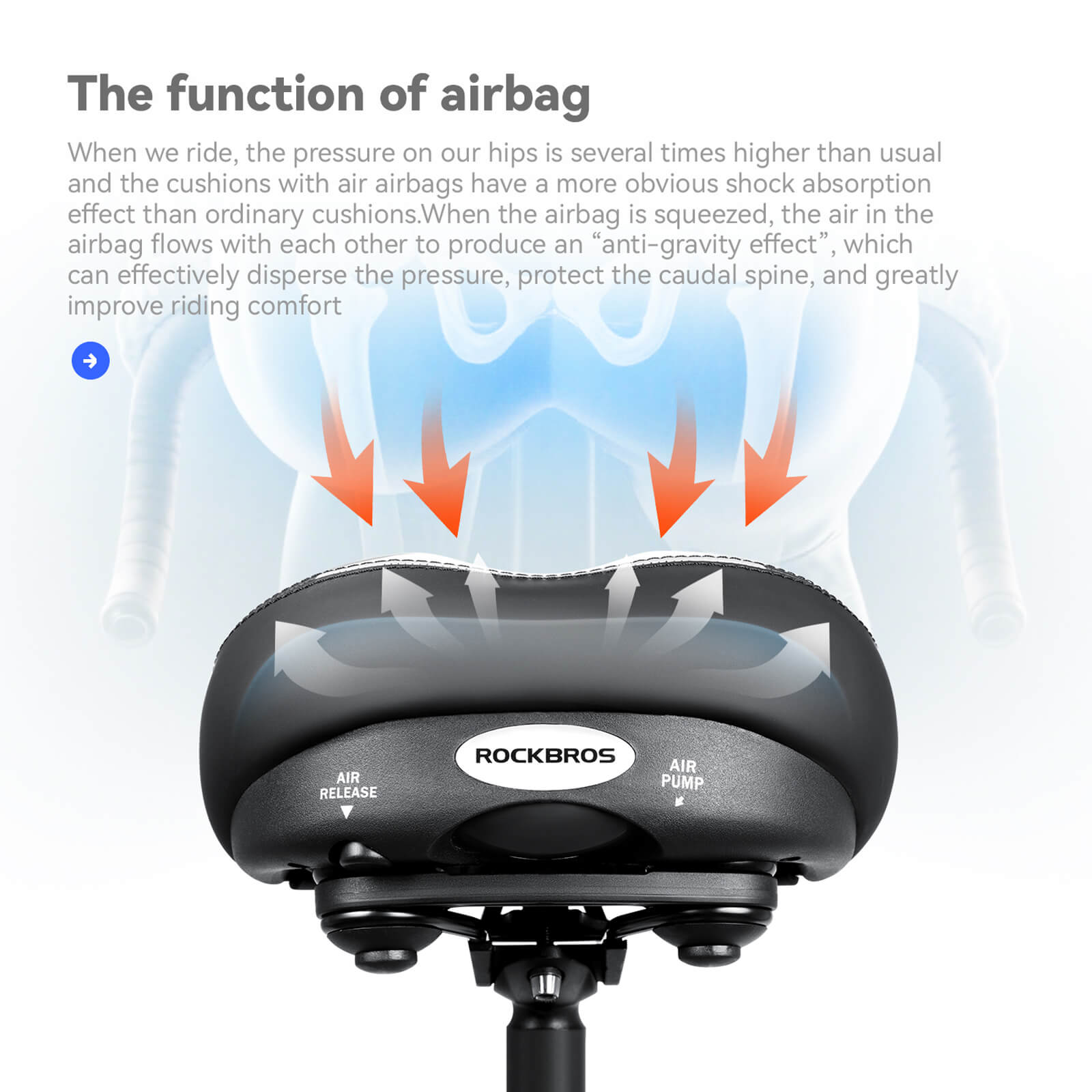 ROCKBROS inflatable shock absorbing bike saddle for smooth rides.