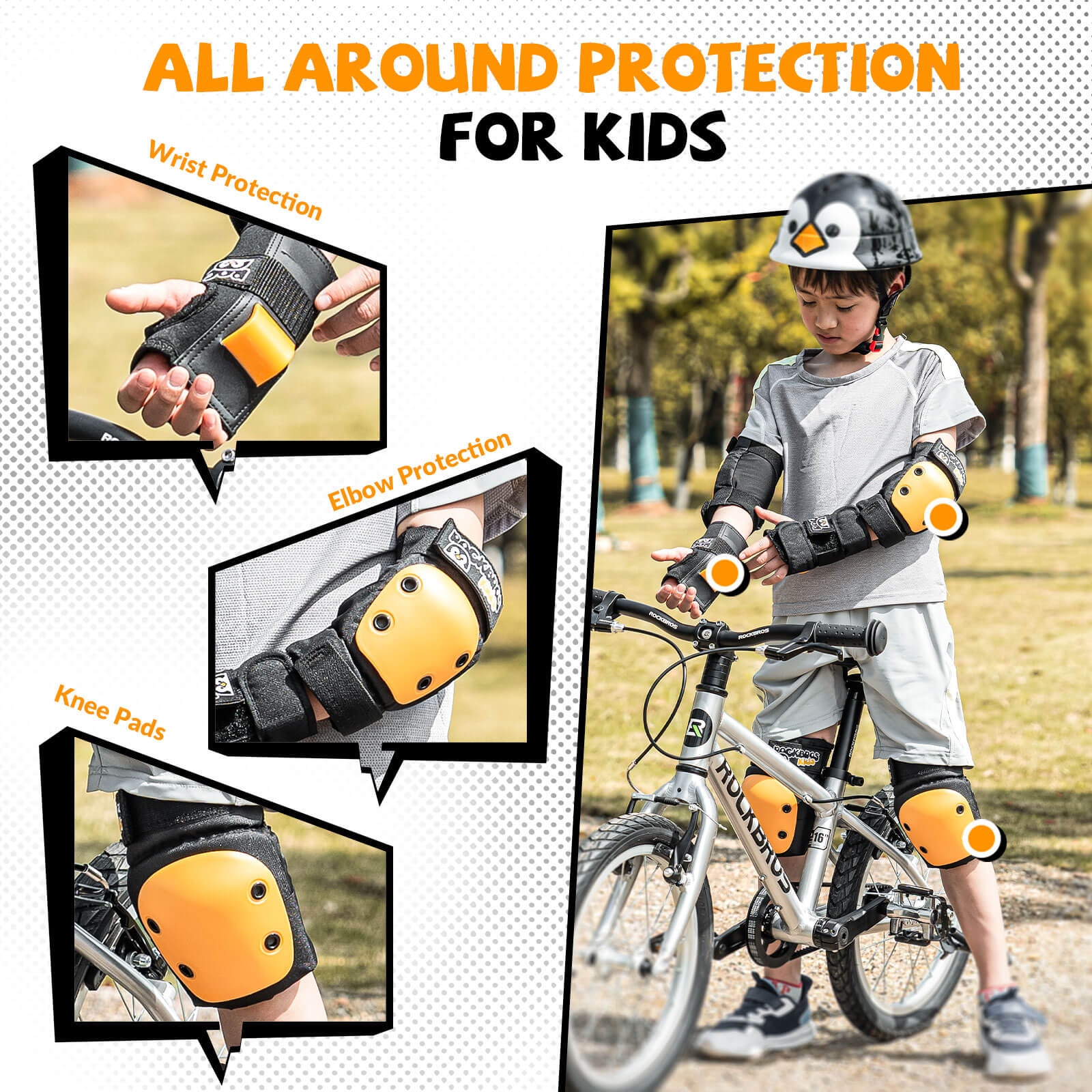 ROCKBROS kids protective pads set for skateboarding and riding.