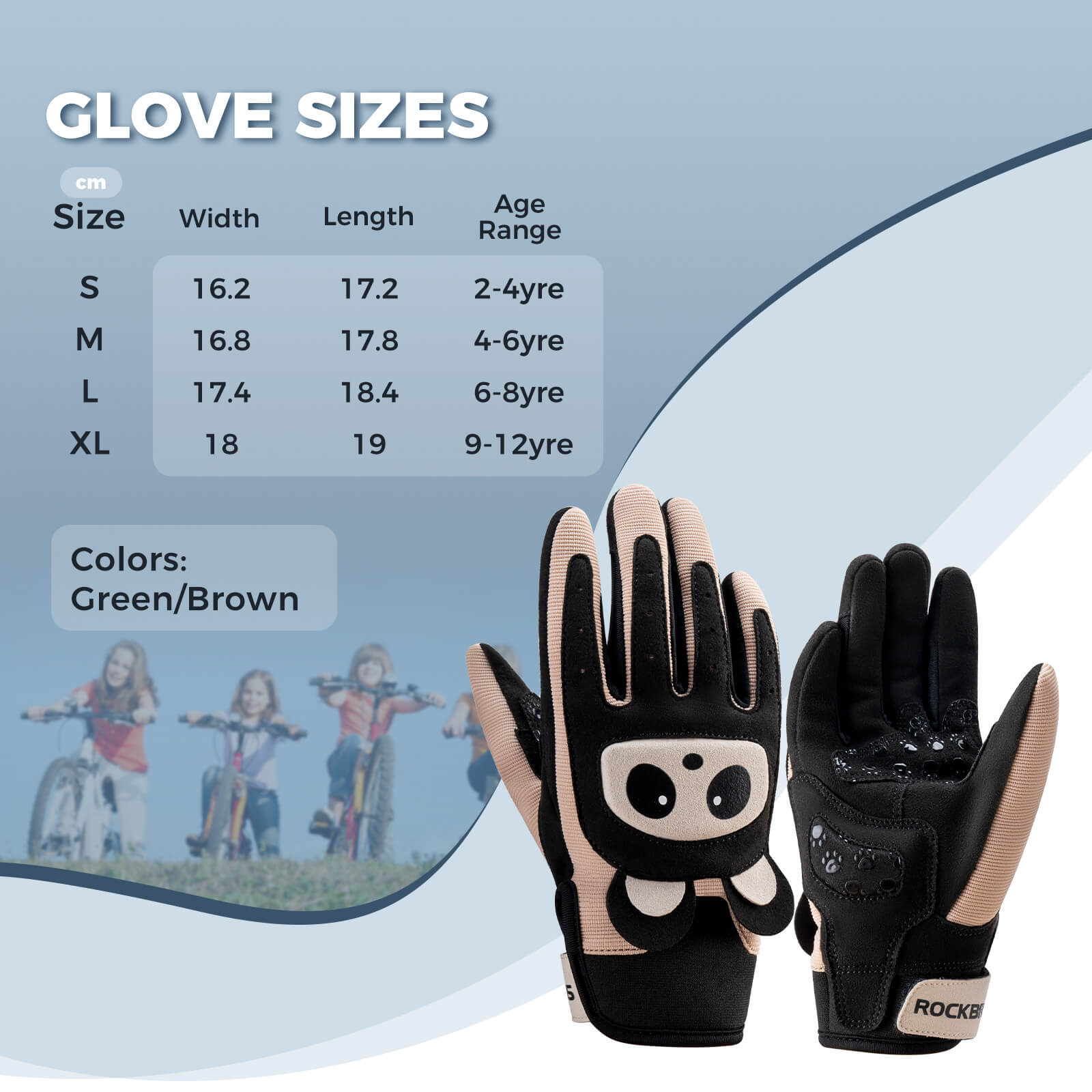 rockbros kids anti-slip full finger cycling gloves for children riding bikes.
#color_brown