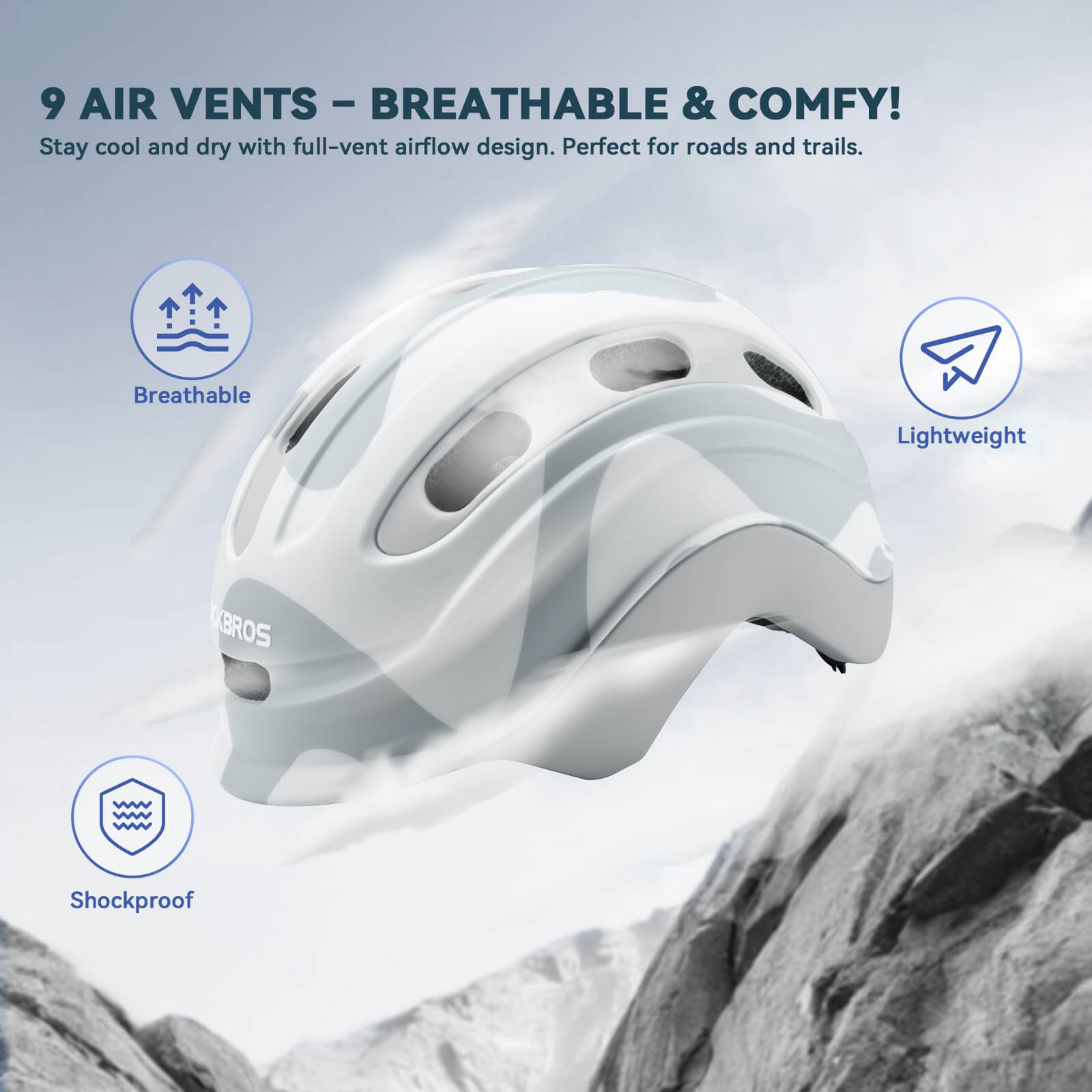 ROCKBROS kids’ bike helmet front view with lightweight protection.
#option_cloud grey