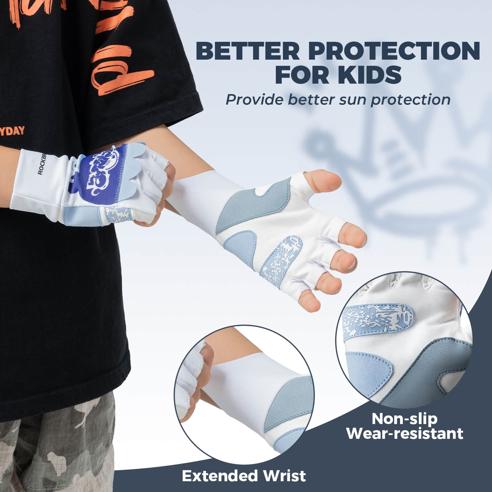 ROCKBROS kids half-finger cycling gloves featuring cute patterns for boys and girls.
#color_sky blue