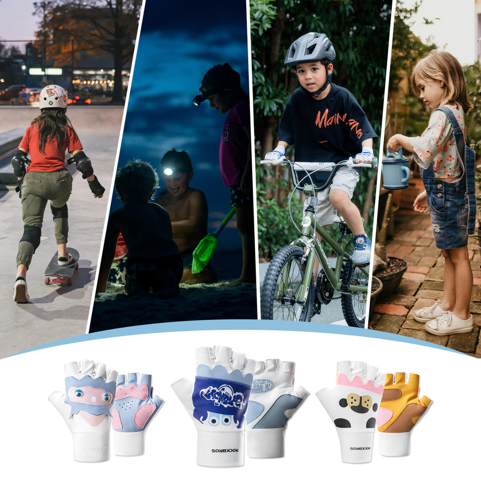 ROCKBROS kids half-finger cycling gloves featuring cute patterns for boys and girls.
#color_pink