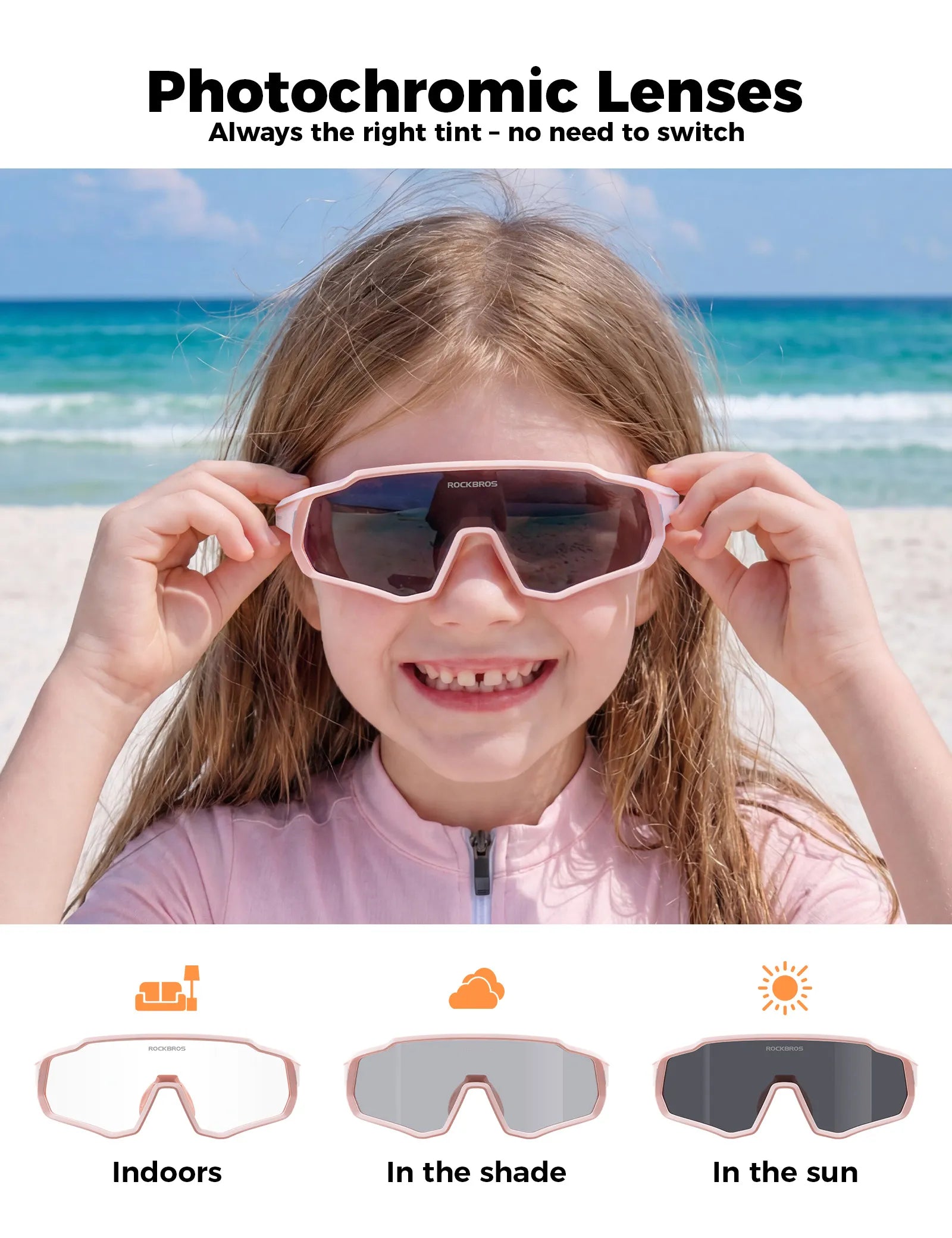ROCKBROS Children's Sports Sunglasses featuring UV400 Protection and Intelligent Photochromic Lens Technology.
#color_pink
