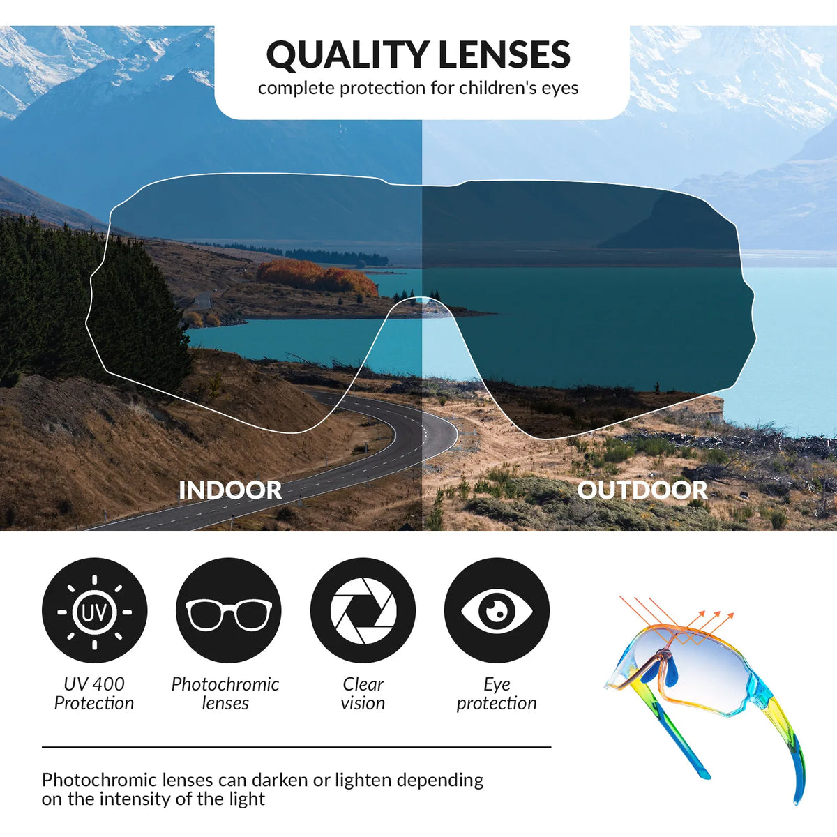 ROCKBROS kids photochromic bike sunglasses with adjustable frame.
#color_blue