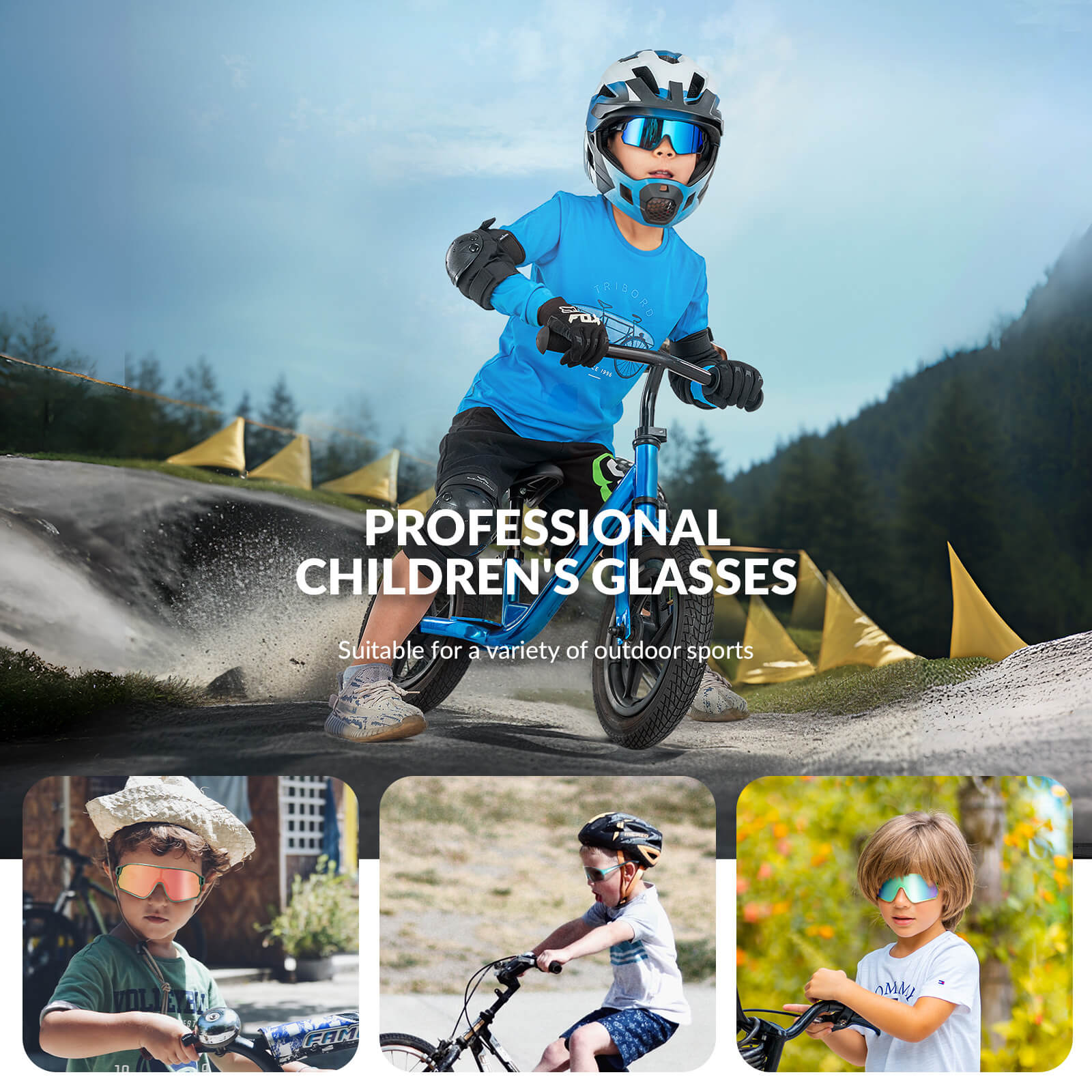 ROCKBROS kids photochromic bike sunglasses with adjustable frame.
#color_sky blue