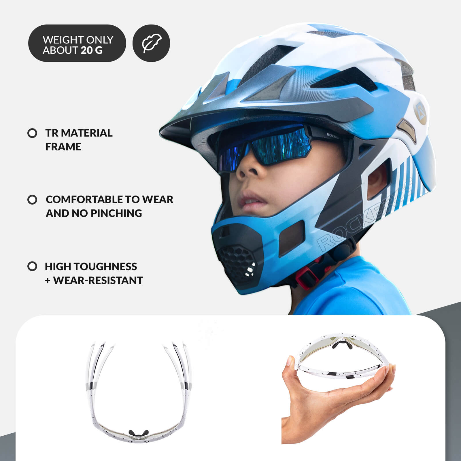 ROCKBROS kids photochromic bike sunglasses with adjustable frame.
#color_white