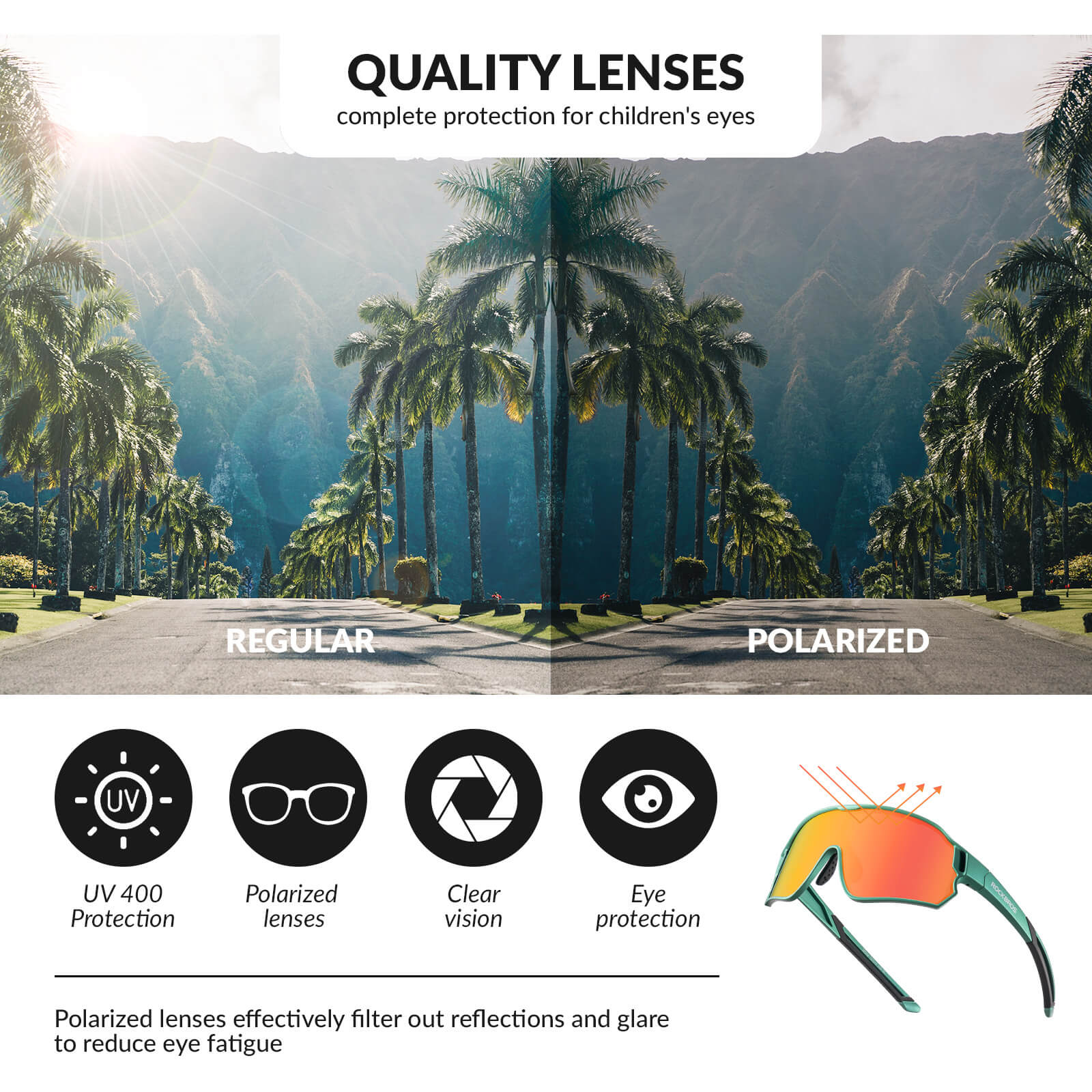 ROCKBROS polarised kids cycling sunglasses worn by child.
#color_army green