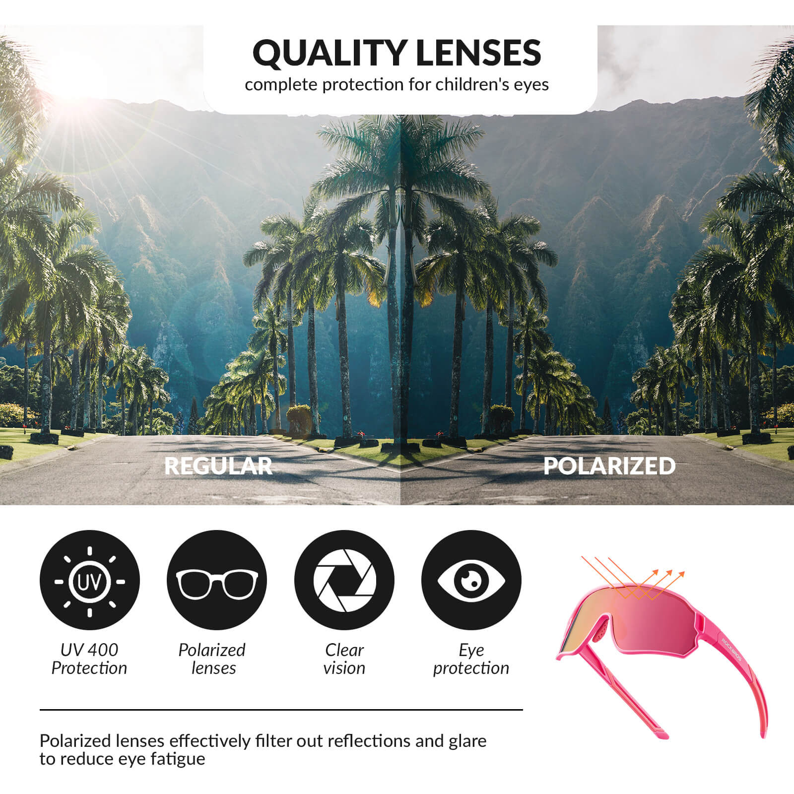 ROCKBROS polarised kids cycling sunglasses worn by child.
#color_pink