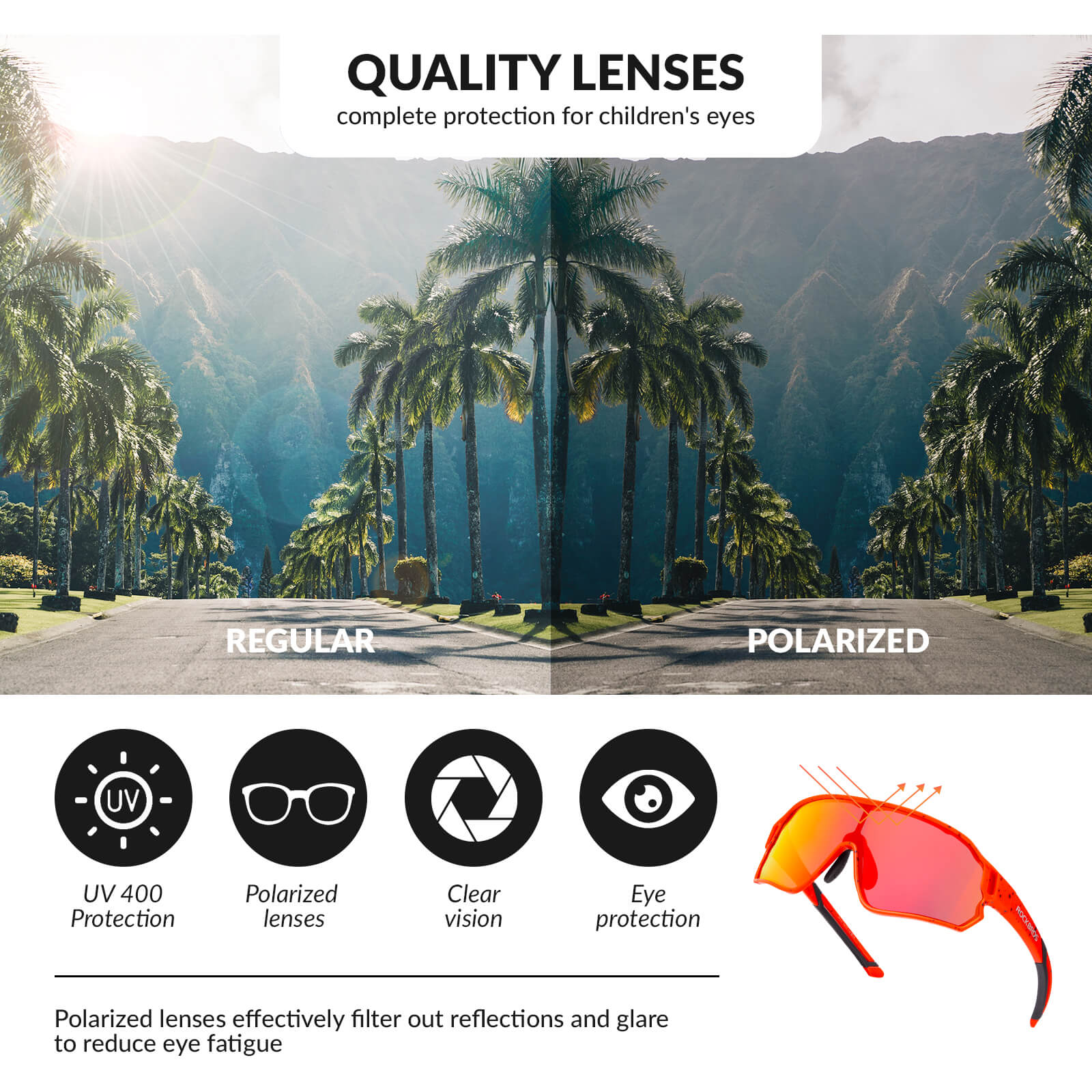 ROCKBROS polarised kids cycling sunglasses worn by child.
#color_red