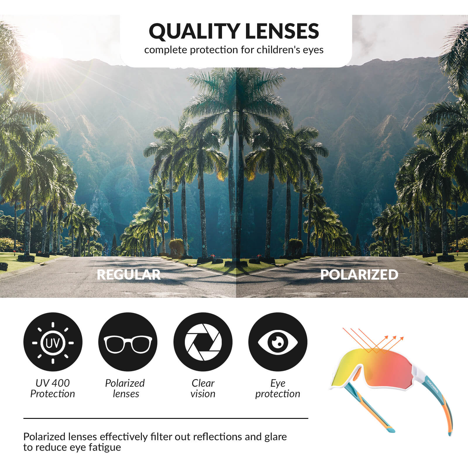 ROCKBROS polarised kids cycling sunglasses worn by child.
#color_teal green