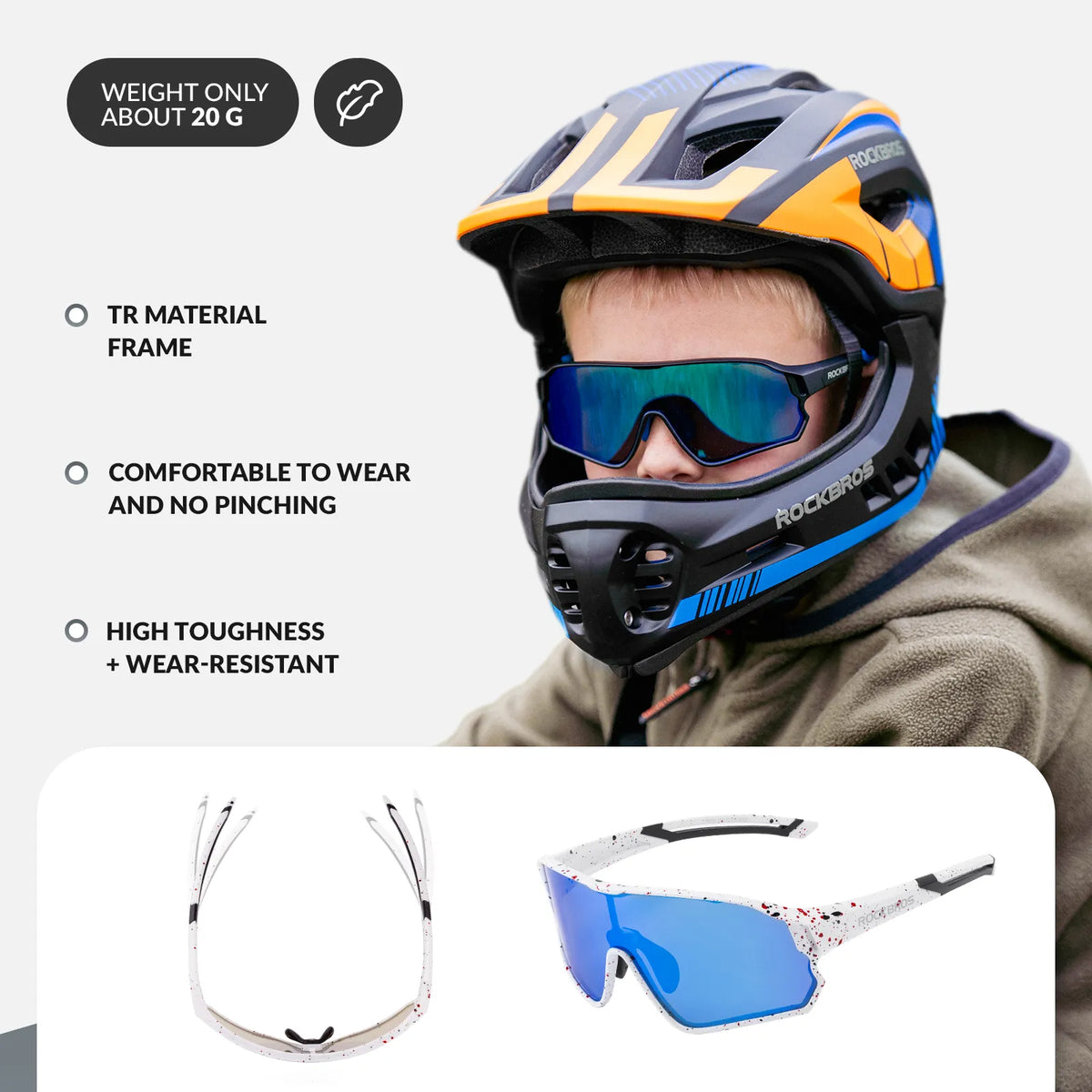 ROCKBROS polarised kids cycling sunglasses worn by child.
#color_white