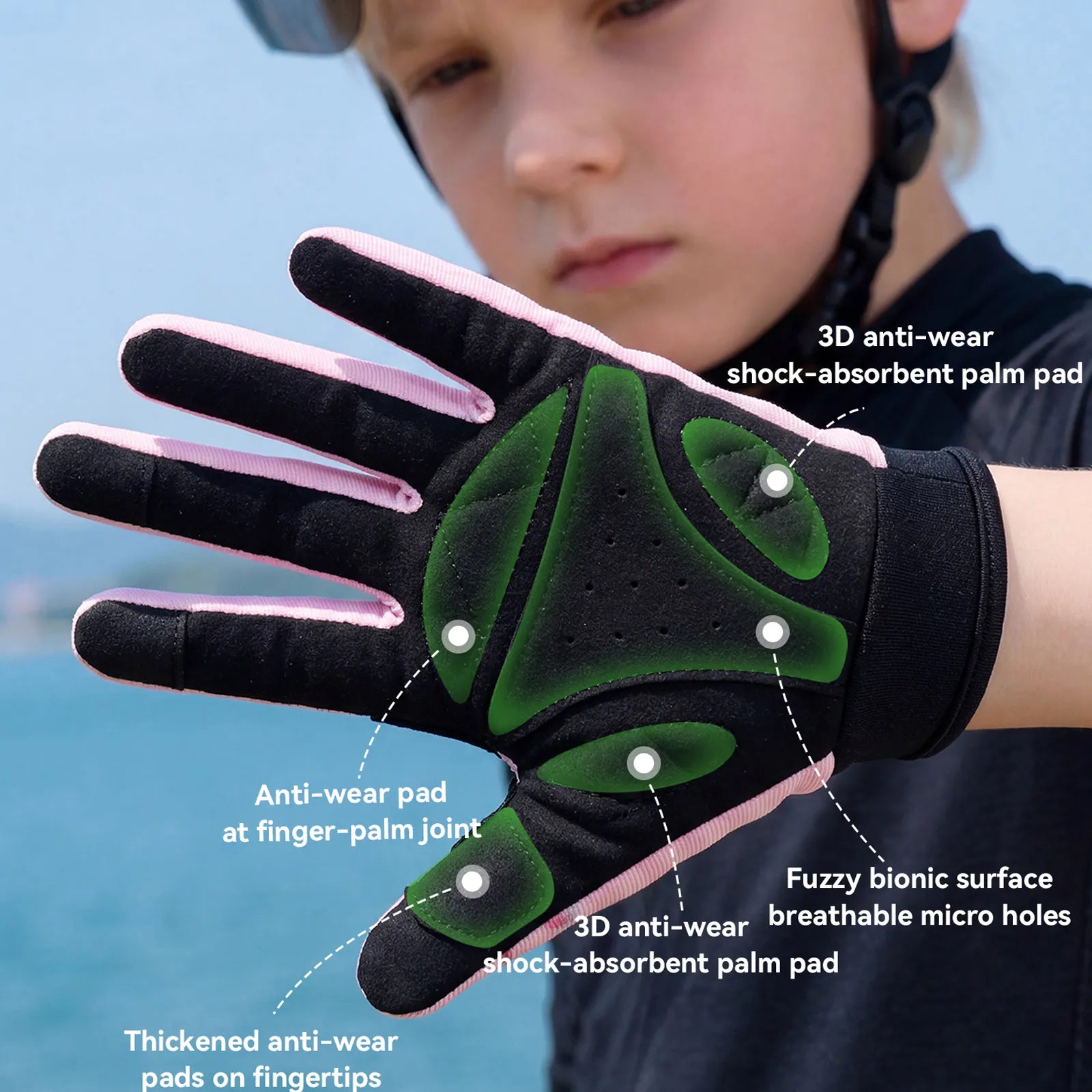 ROCKBROS Kids Full Finger Sports Gloves with Impact Resistant PVC Knuckle Guard for Cycling and BMX.
#color_pink
