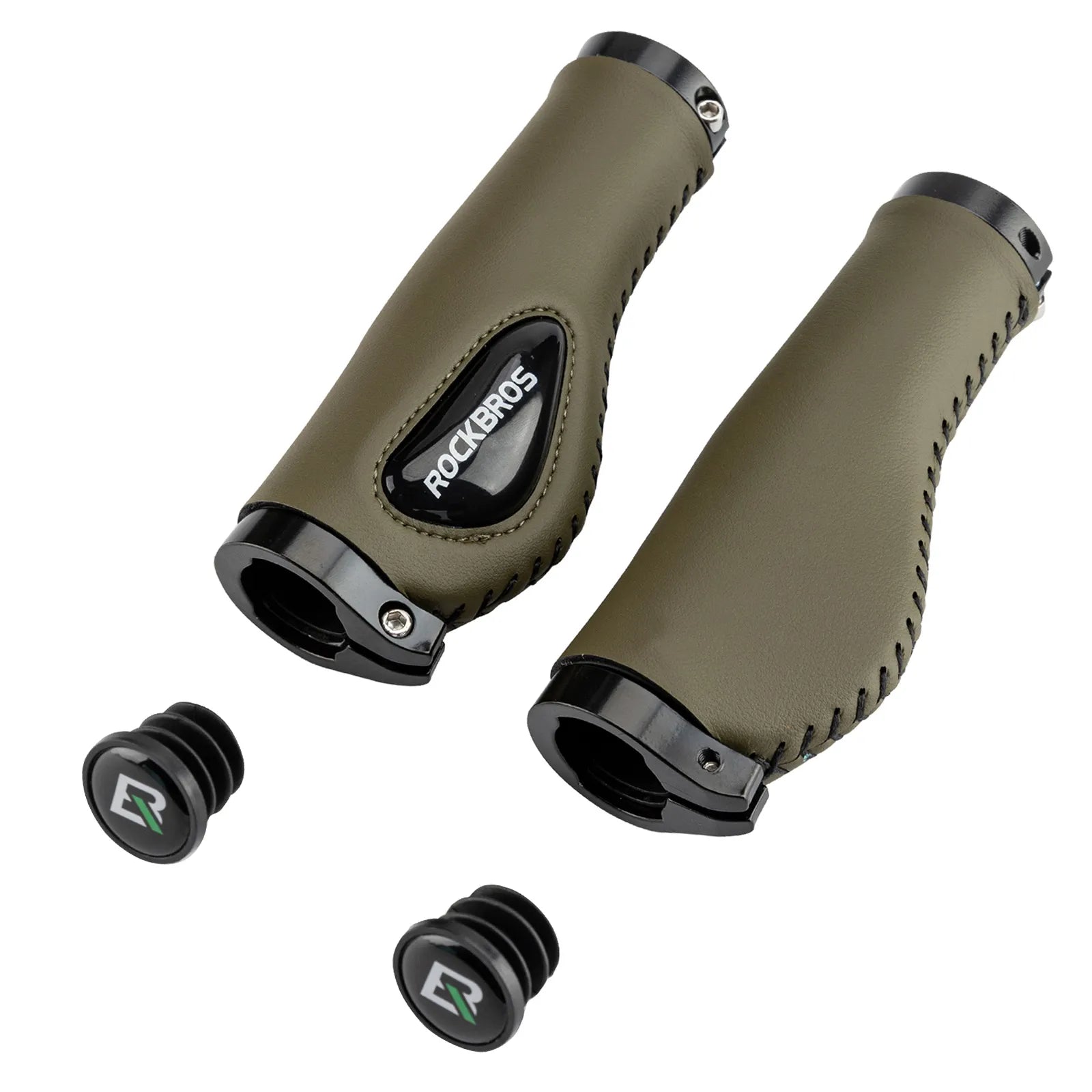 ROCKBROS Ergonomic Leather Bicycle Handlebar Grips for 22.2mm Bars.
#color_Black Green