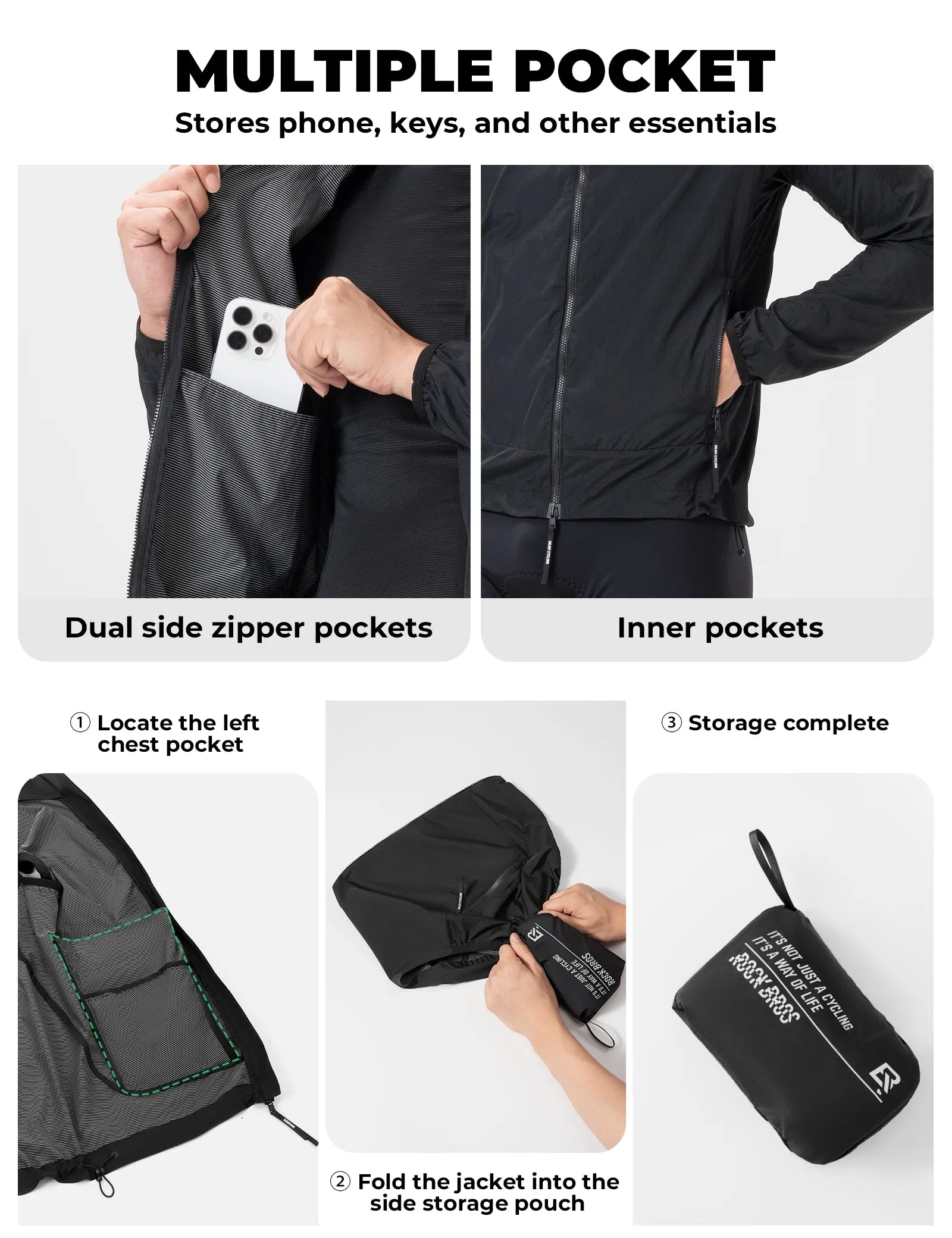 Rockbros lightweight packable cycling wind jacket for men and women.
#color_white