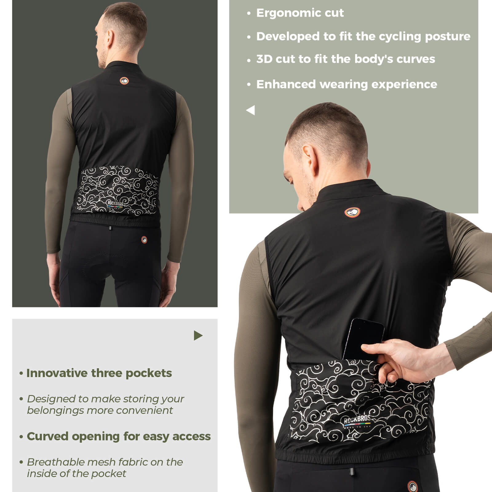 rockbros windproof and lightweight bike vest for long rides.