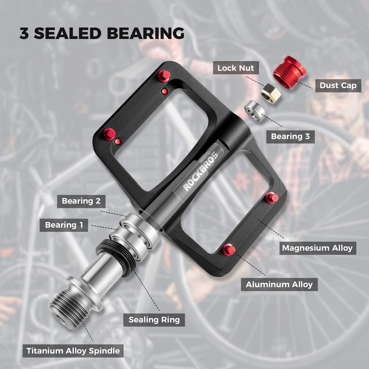 Pair of black ROCKBROS flat pedals with red traction pins and silver axles.