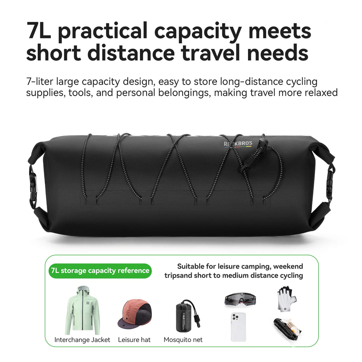 Black ROCKBROS ROAD TO SKY handlebar bag with roll-end closures and external bungee cords