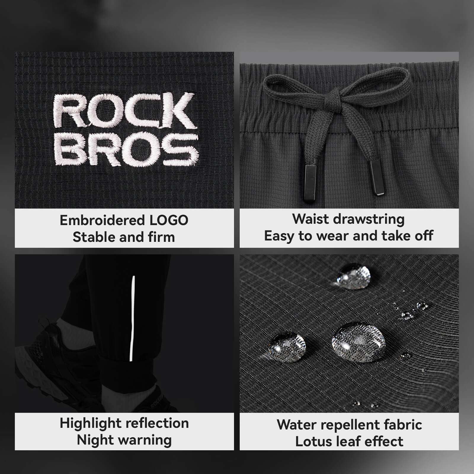 ROCKBROS Men's Cycling Pants with adjustable waist drawstring, embroidered logo, and high elasticity breathable fabric for comfort.