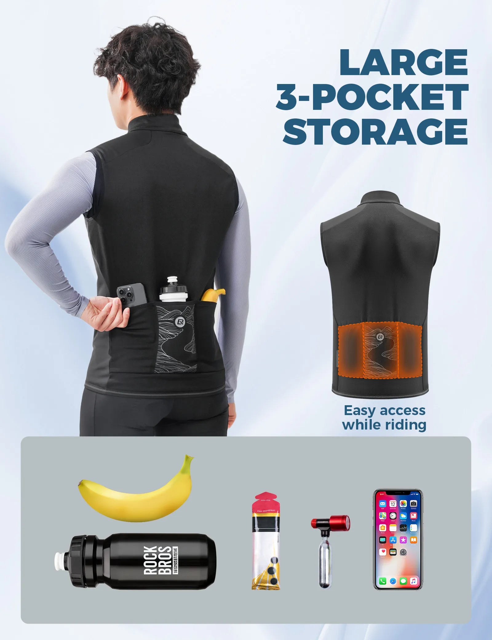 ROCKBROS Men's Cycling Vest with Dual Zipper and Thermal Fleece Lining, Windproof Sleeveless Jacket for Biking.