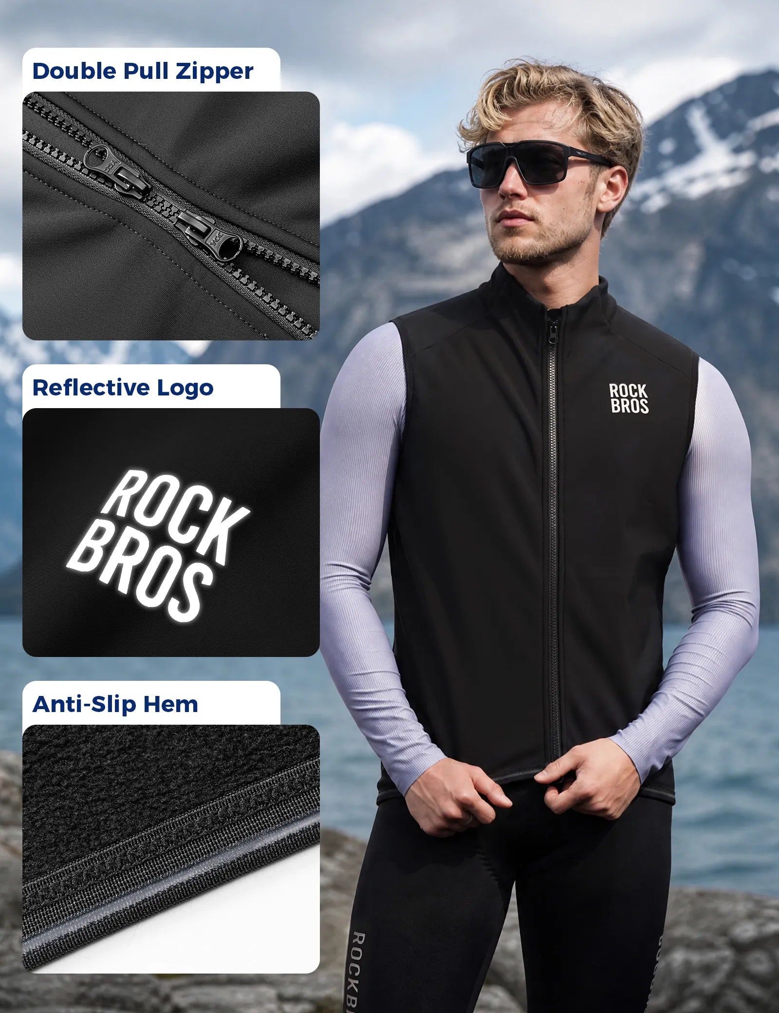 ROCKBROS Men's Cycling Vest with Dual Zipper and Thermal Fleece Lining, Windproof Sleeveless Jacket for Biking.
