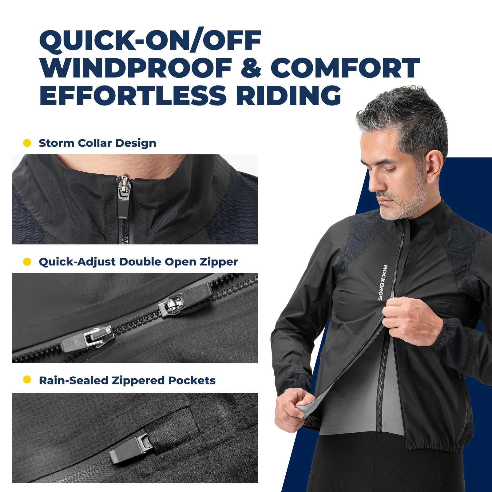 ROCKBROS men's lightweight water-resistant cycling jacket in black, front view