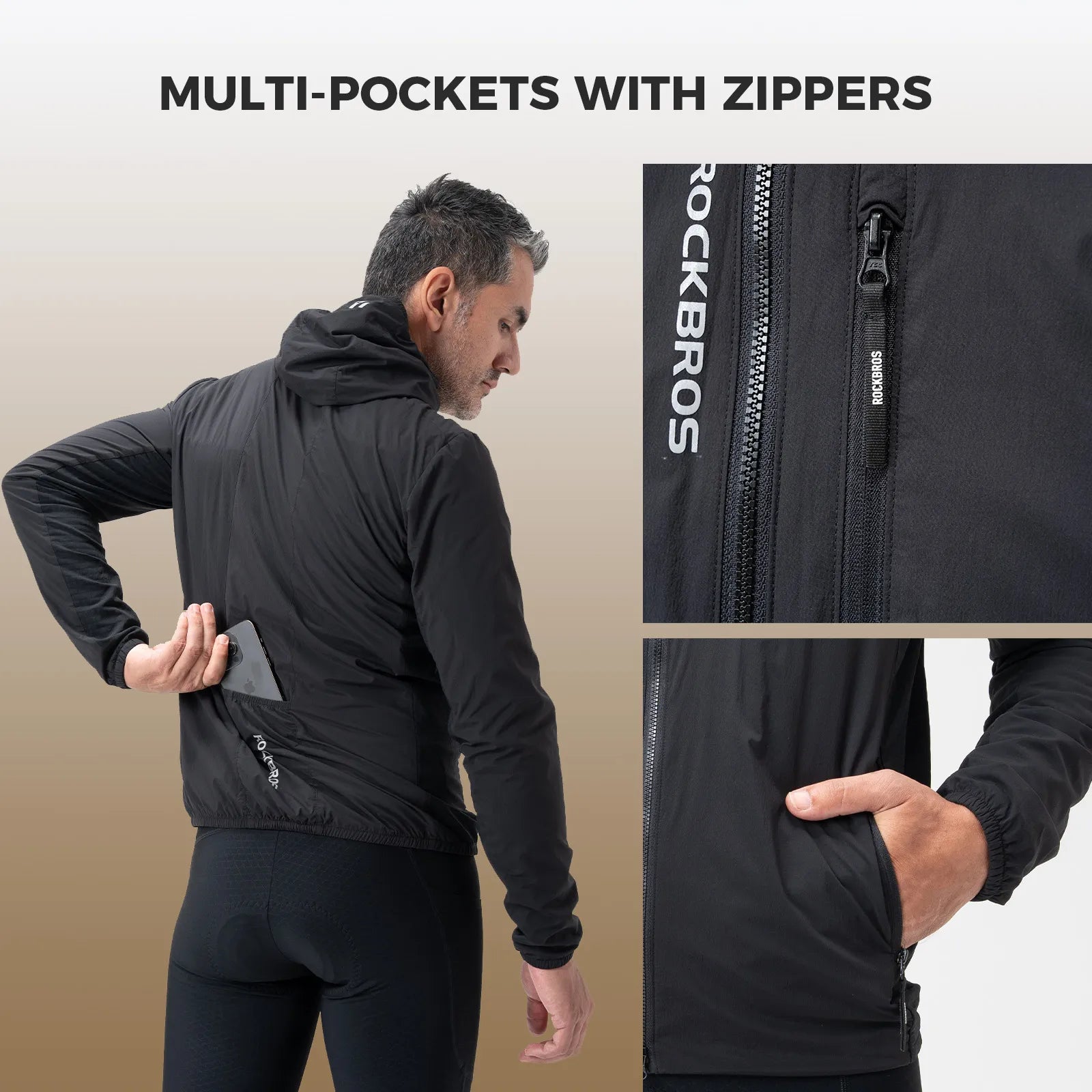 Rockbros men's thermal cycling jacket in black, winter fleece-lined bike jacket front view.
