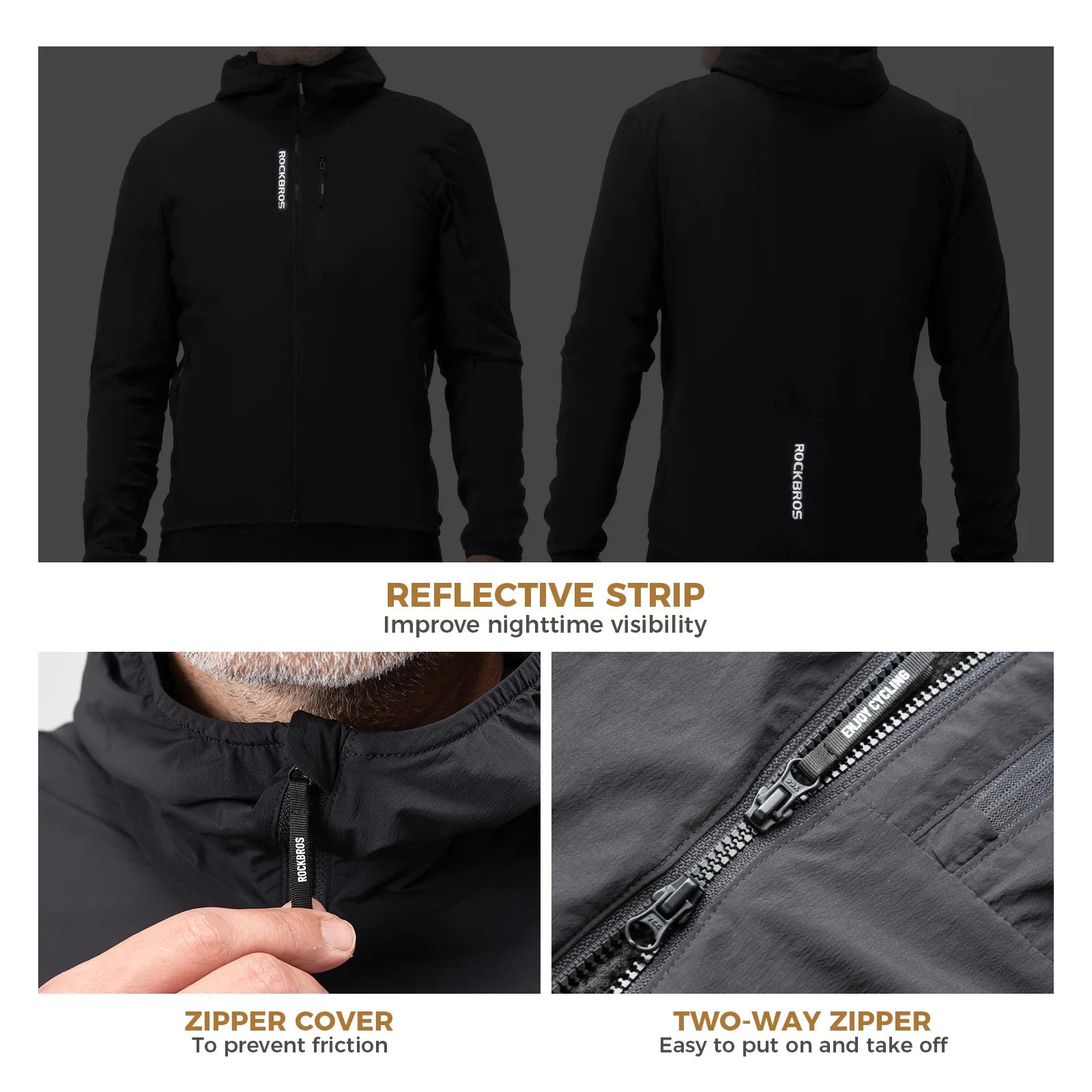 Rockbros men's thermal cycling jacket in black, winter fleece-lined bike jacket front view.