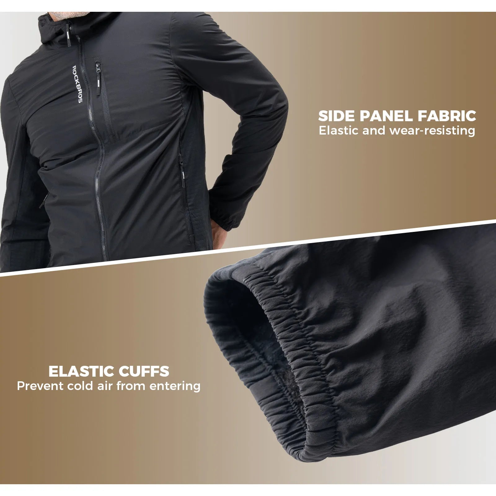 Rockbros men's thermal cycling jacket in black, winter fleece-lined bike jacket front view.