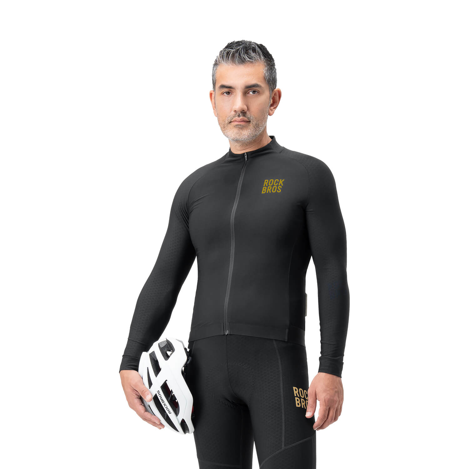 Rockbros Diamond Fit Men's Long-Sleeve Insulated Cycling Jersey - Black Professional Windproof Slim Fit