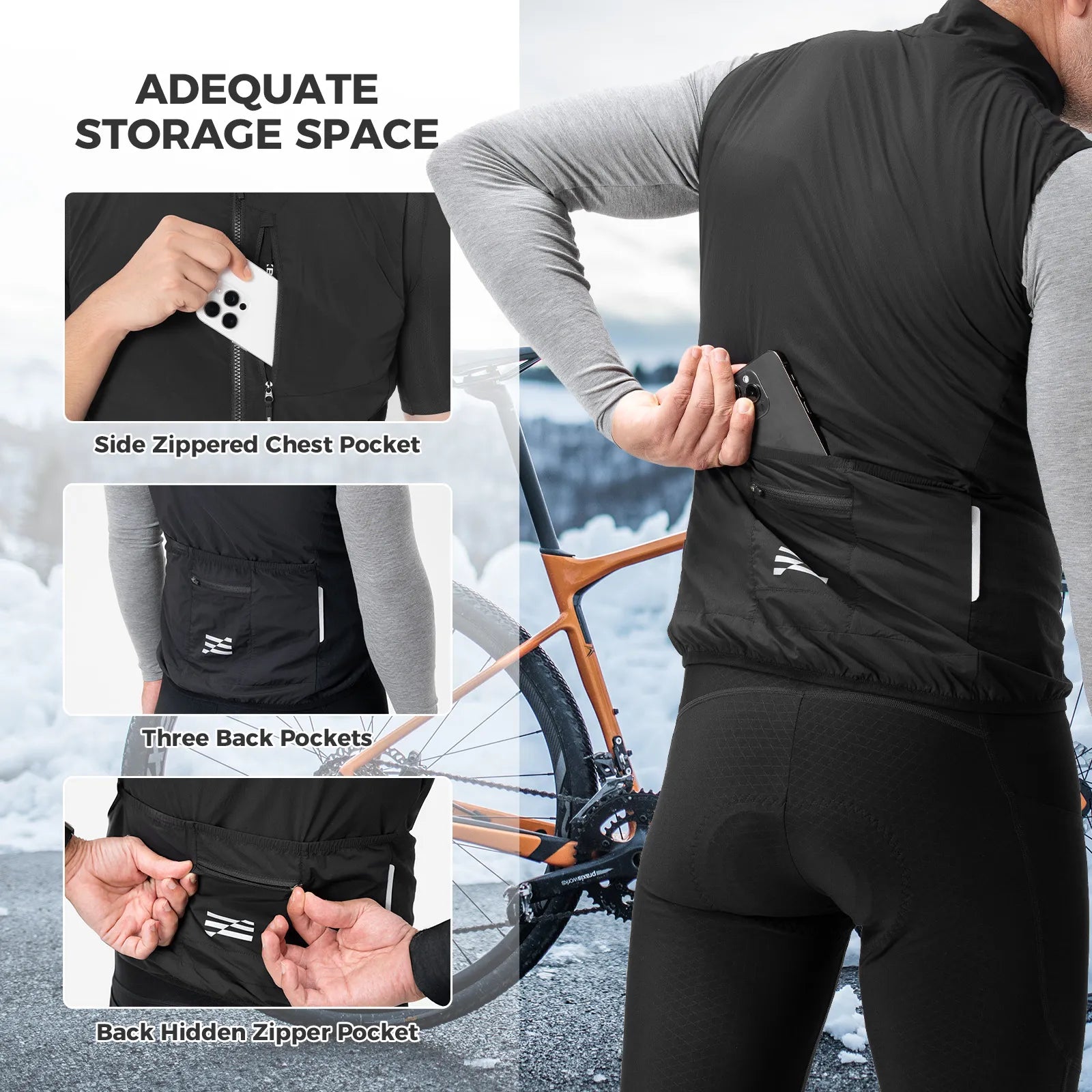 Rockbros fleece-lined thermal cycling vest in black, sleeveless windproof bike gilet for winter riding