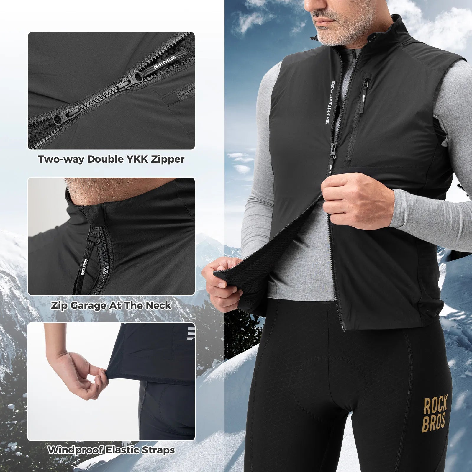 Rockbros fleece-lined thermal cycling vest in black, sleeveless windproof bike gilet for winter riding