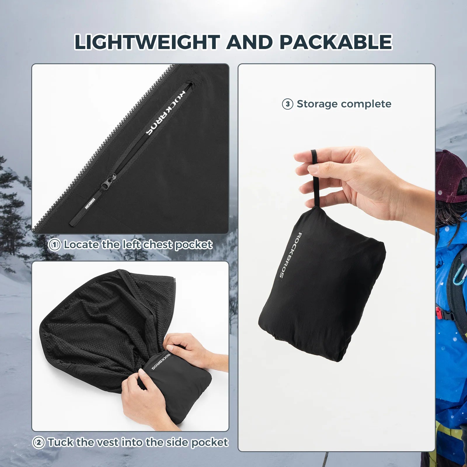 Rockbros fleece-lined thermal cycling vest in black, sleeveless windproof bike gilet for winter riding