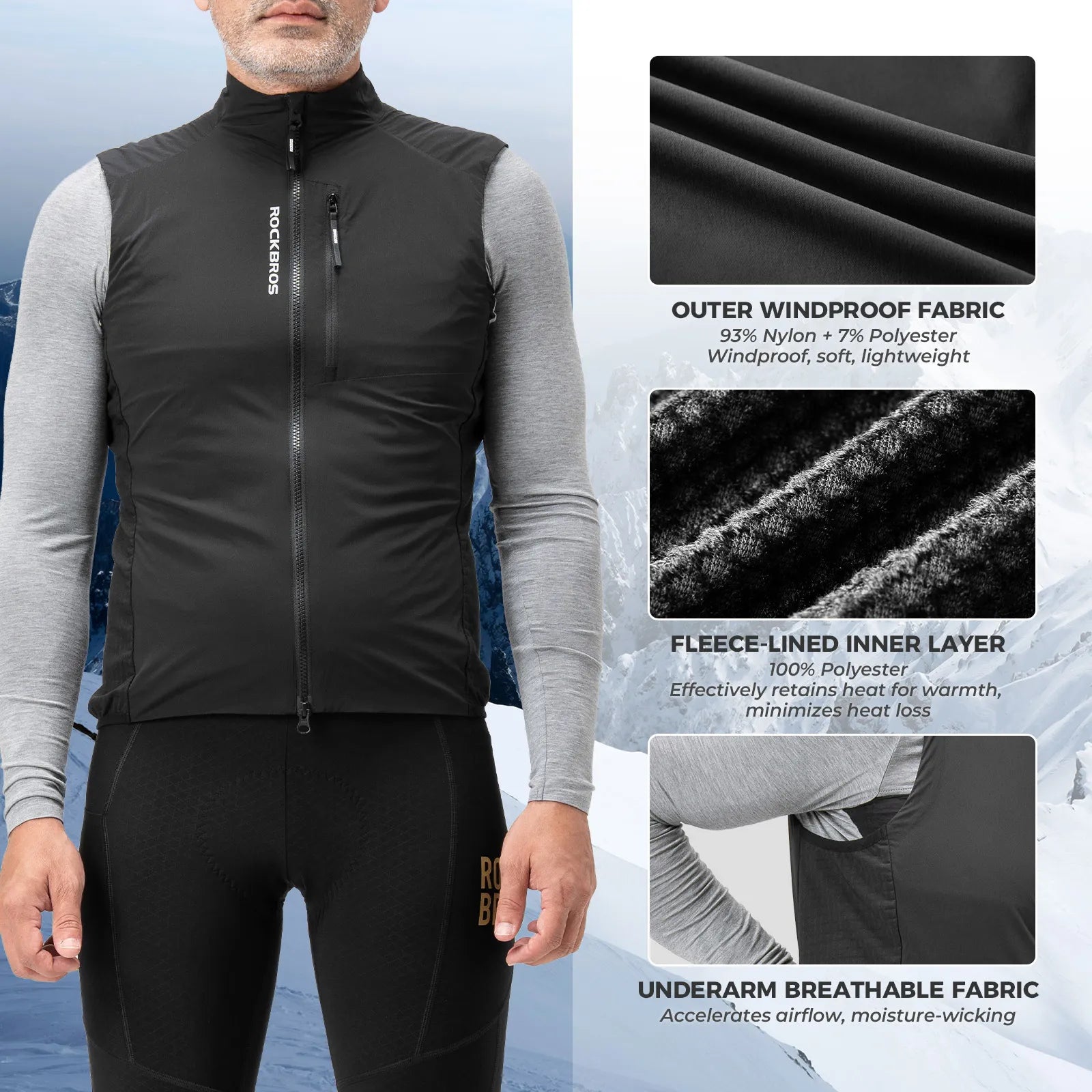 Rockbros fleece-lined thermal cycling vest in black, sleeveless windproof bike gilet for winter riding