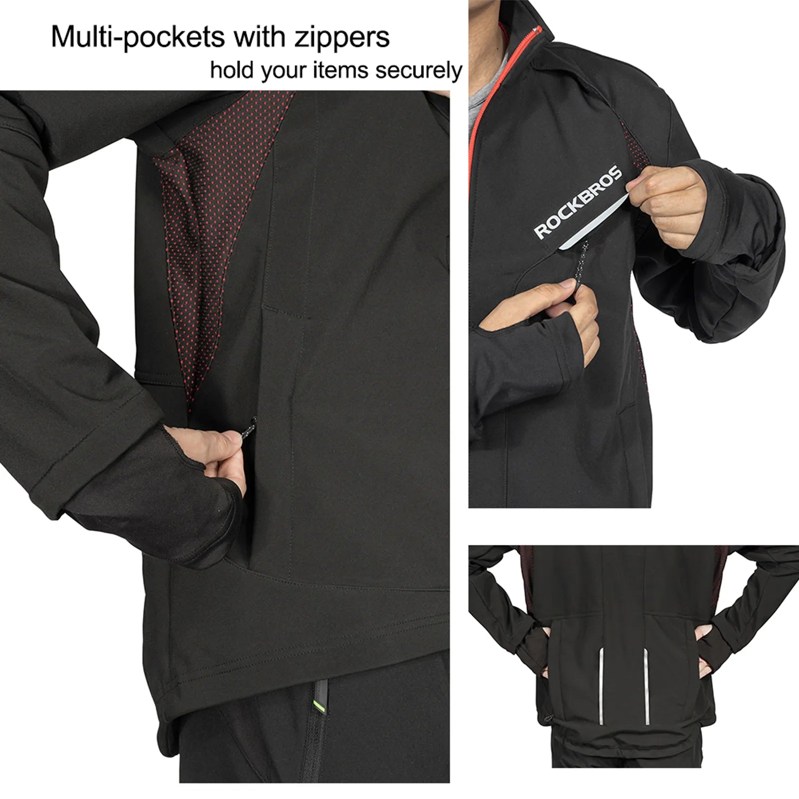 Rockbros men's thermal softshell cycling jacket in black, 3-layer winter protection windproof bike jacket front view