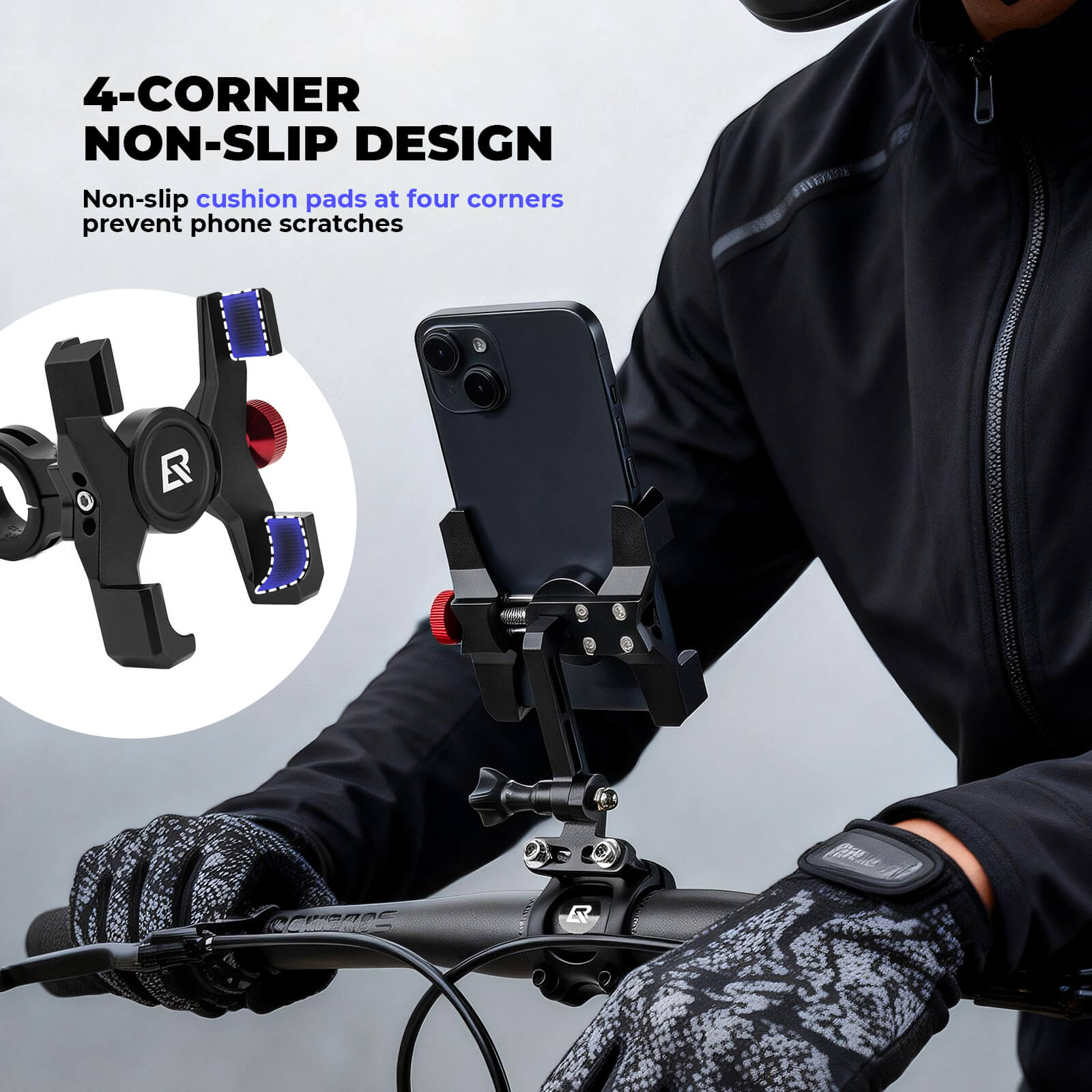 Durable ROCKBROS metal bicycle phone mount for bumpy roads.
#Mounting Style_Stem Top Cap Mount