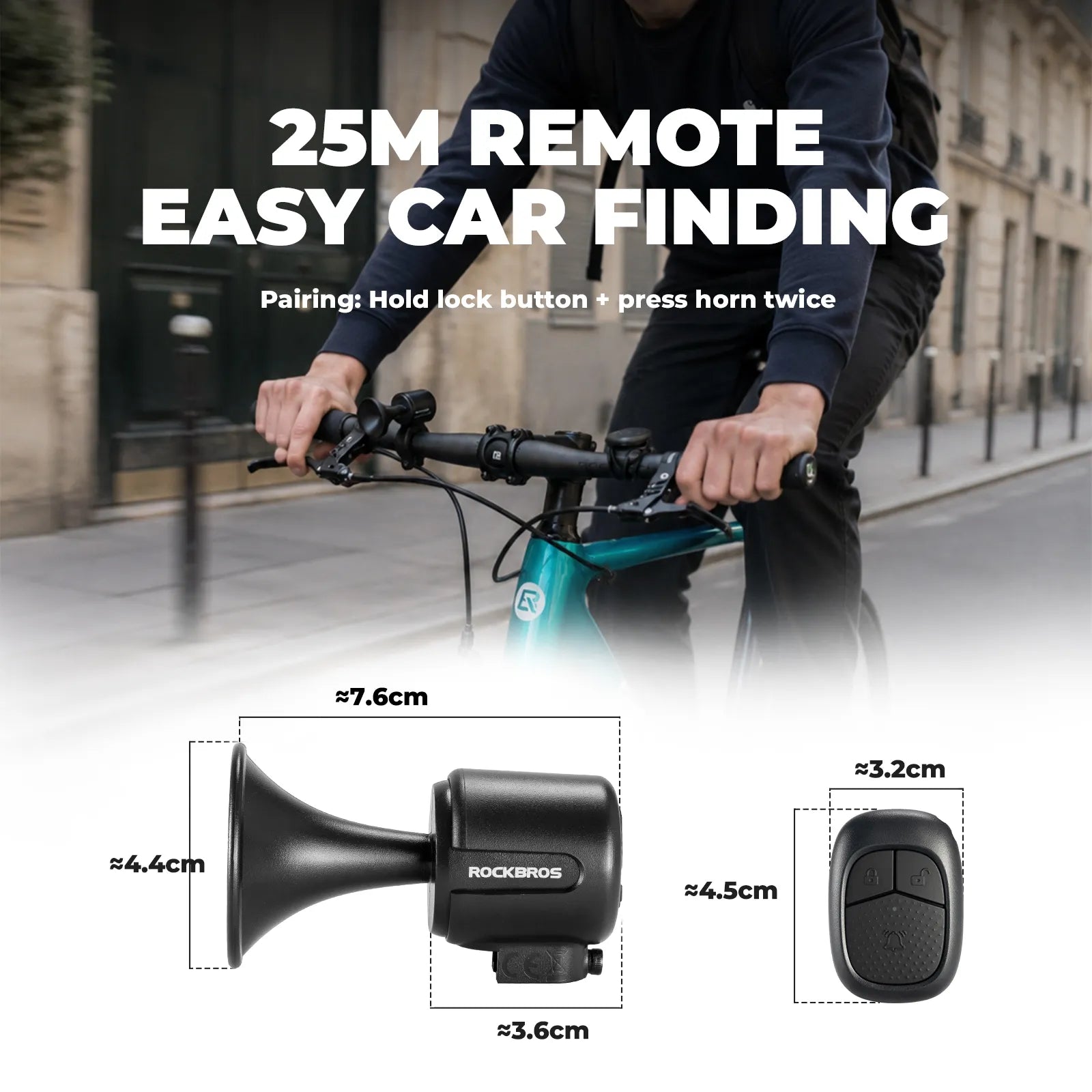 Compact and lightweight design of Rockbros electronic bicycle bell.
#color_black