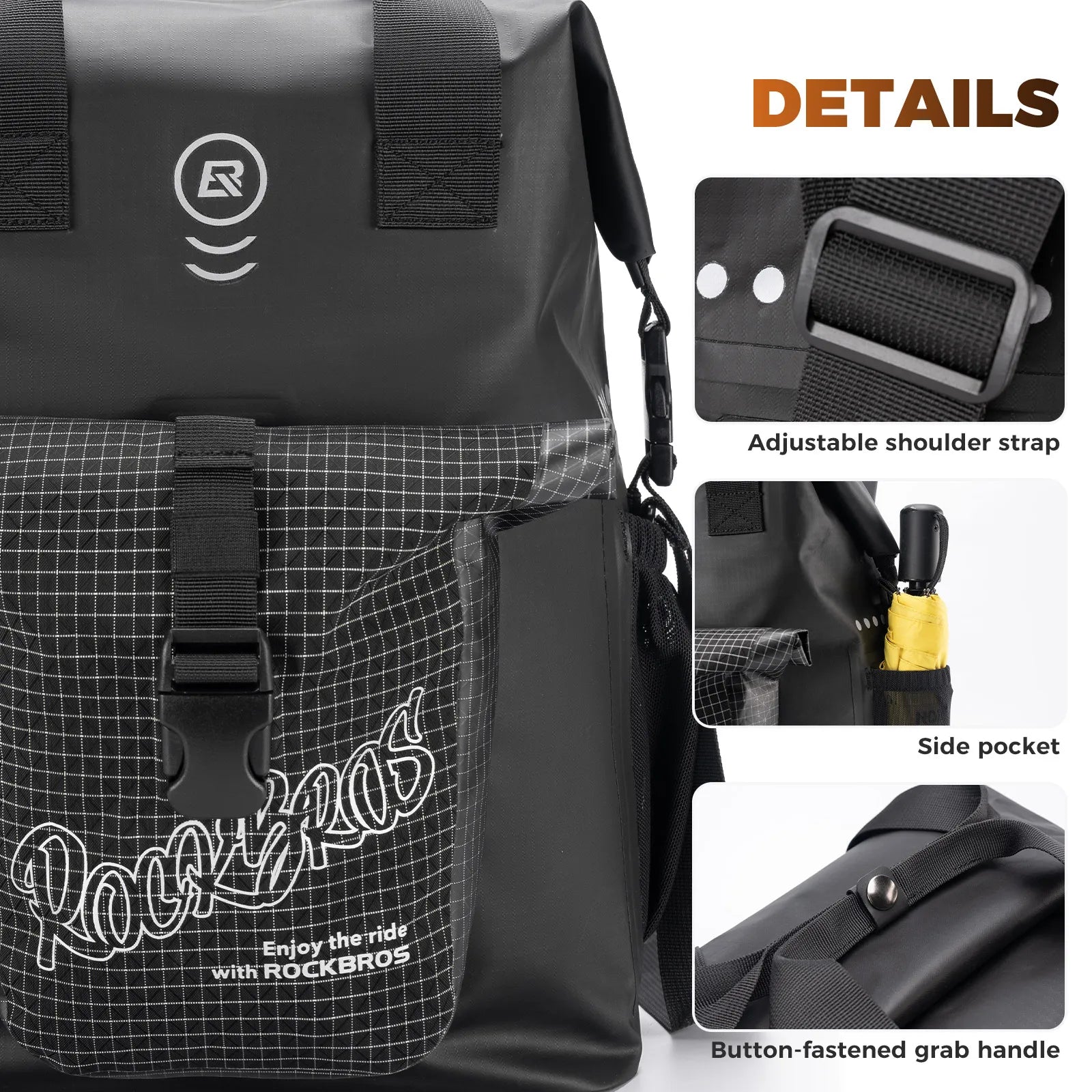 ROCKBROS 18L Nylon Folding Bicycle handlebar bags, Black Rolled-Open Design, Waterproof and Durable Rear Rack Bag.