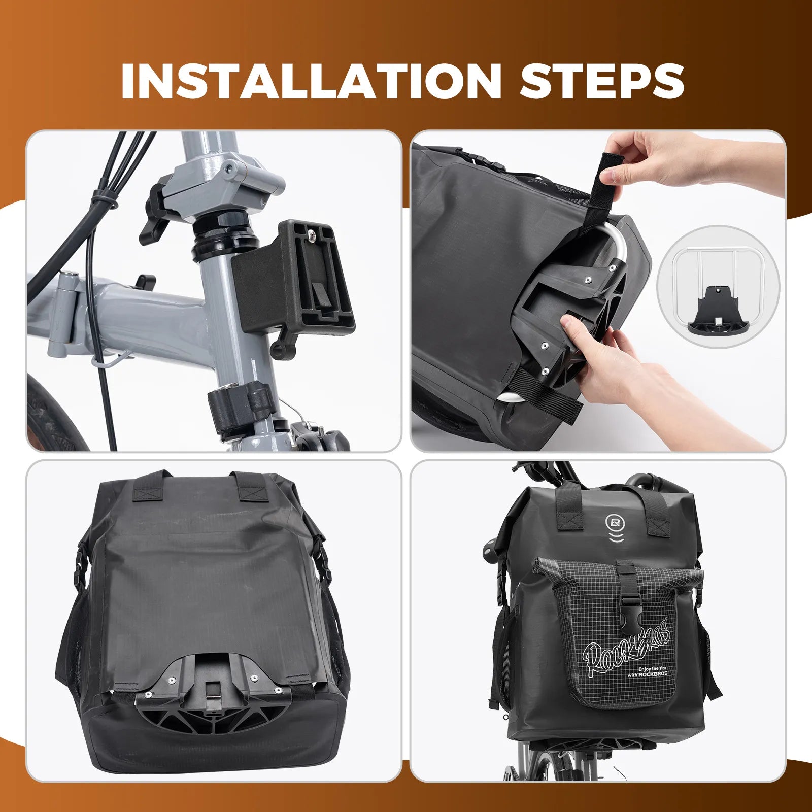 ROCKBROS 18L Nylon Folding Bicycle handlebar bags, Black Rolled-Open Design, Waterproof and Durable Rear Rack Bag.