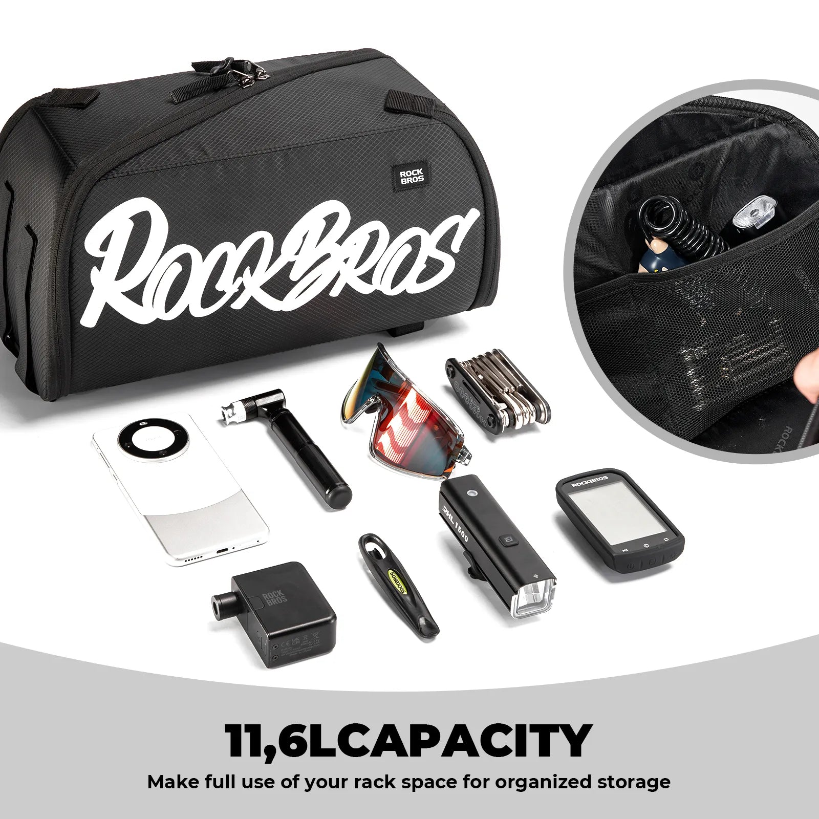 ROCKBROS large capacity bike pannier bag with wraparound zipper for easy access.
#options_Standard (11.6L)