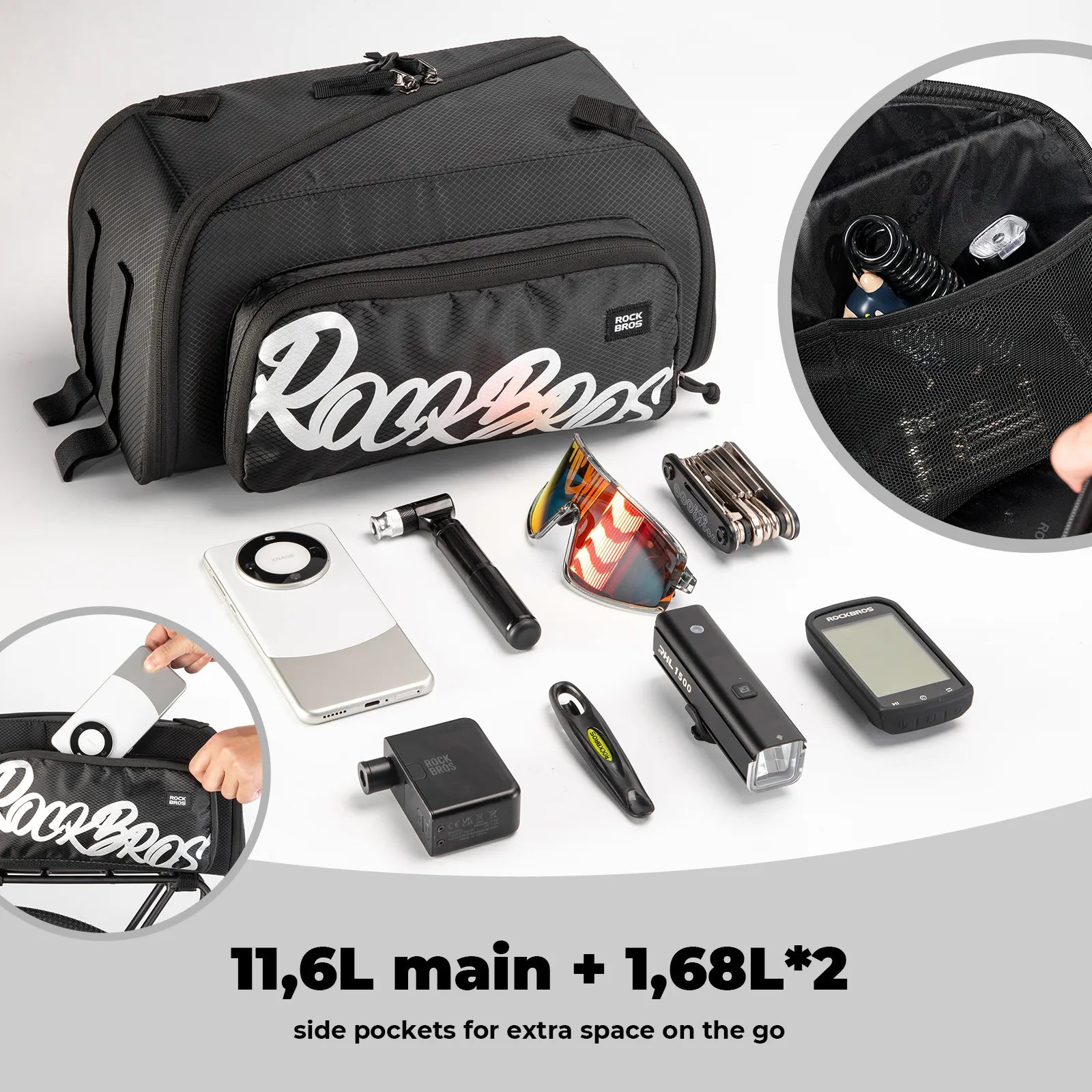 ROCKBROS large capacity bike pannier bag with wraparound zipper for easy access.
#options_With Side Pocket (14.96L)