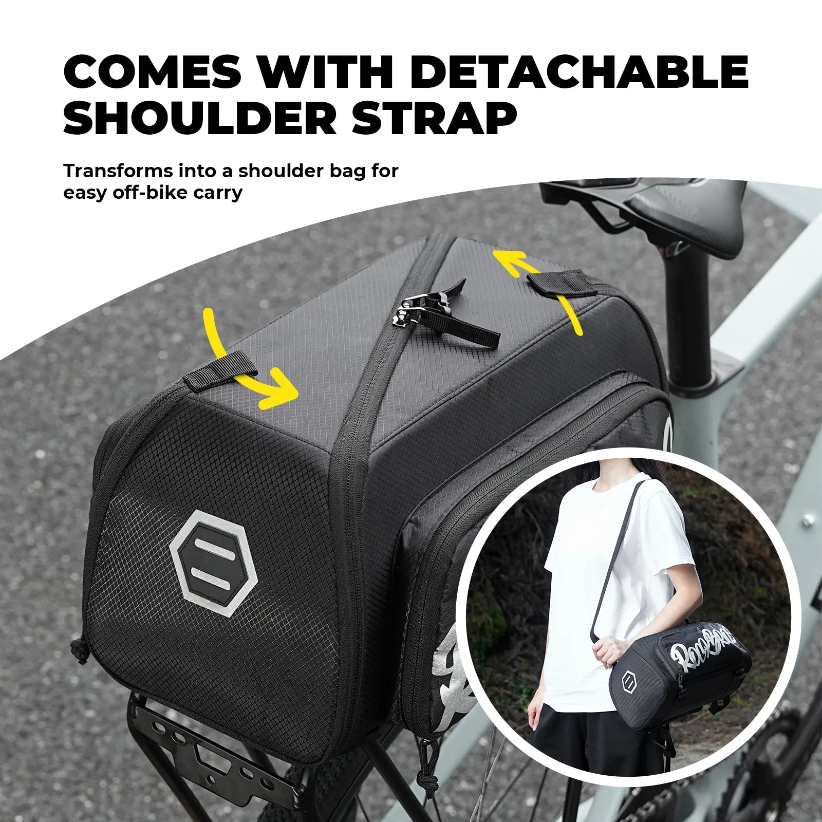 ROCKBROS large capacity bike pannier bag with wraparound zipper for easy access.
#options_With Side Pocket (14.96L)