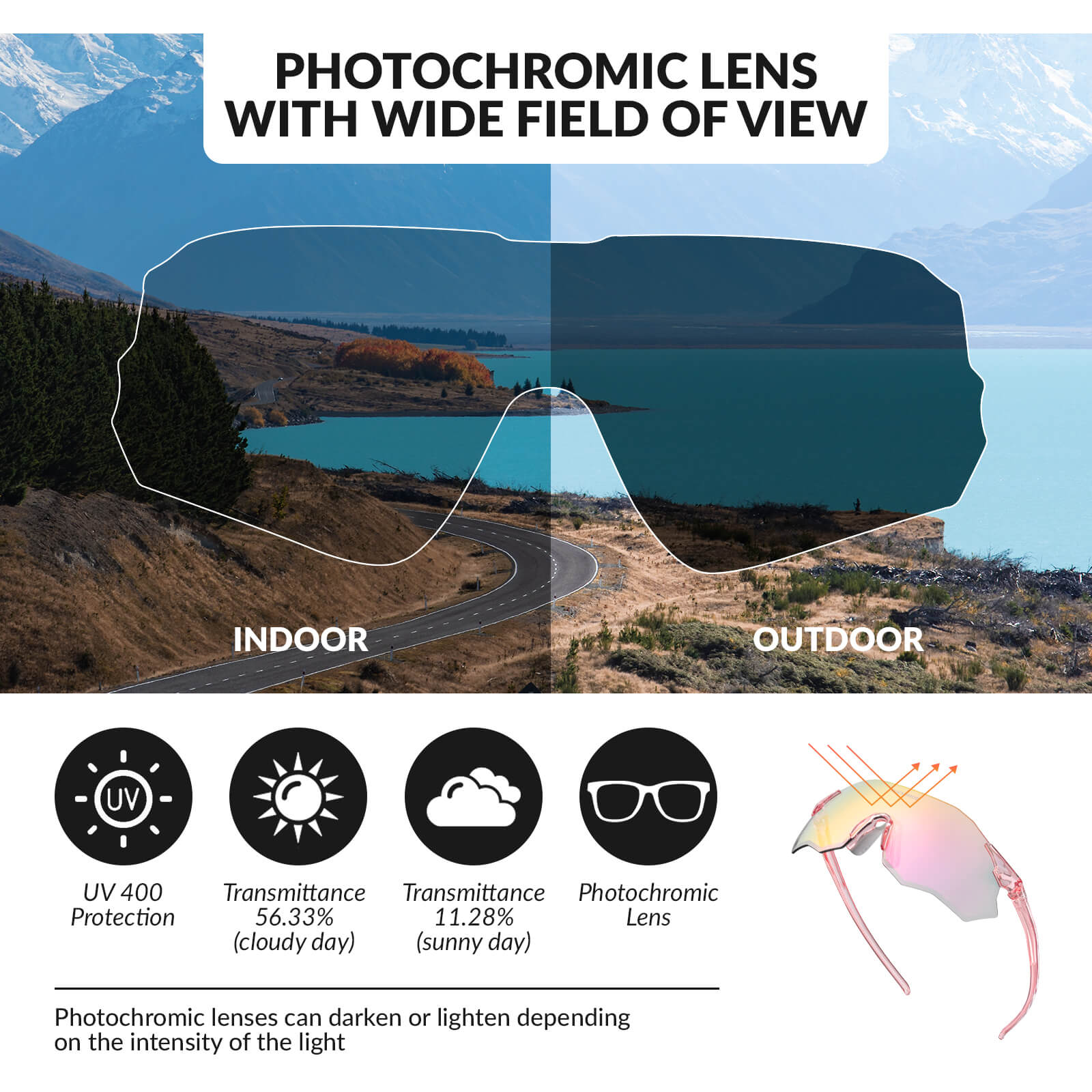 rockbros photochromic cycling glasses uv400 protection tr90 lightweight frame for outdoor riding