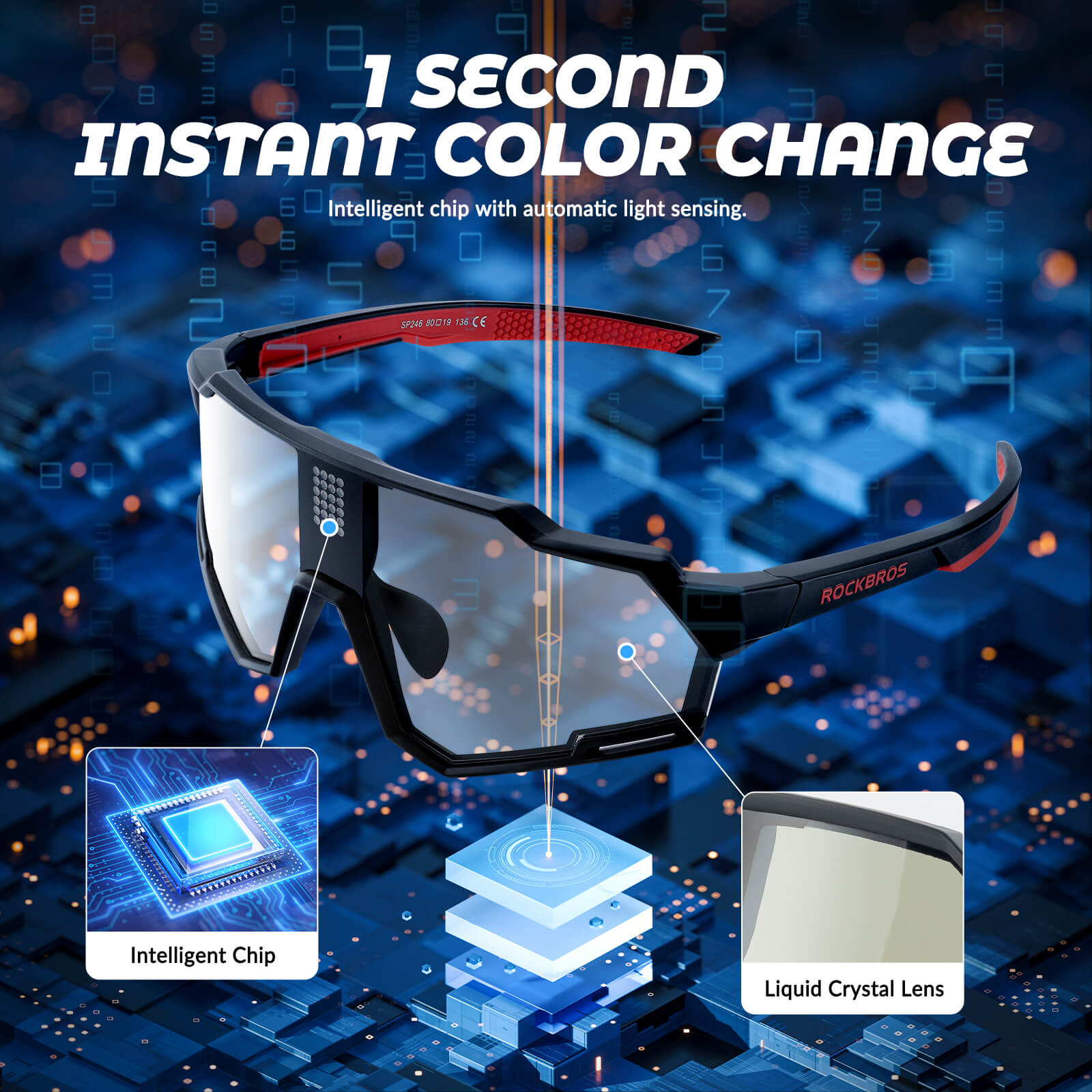 rockbros photochromic cycling sunglasses with clear lens for day and night riding.