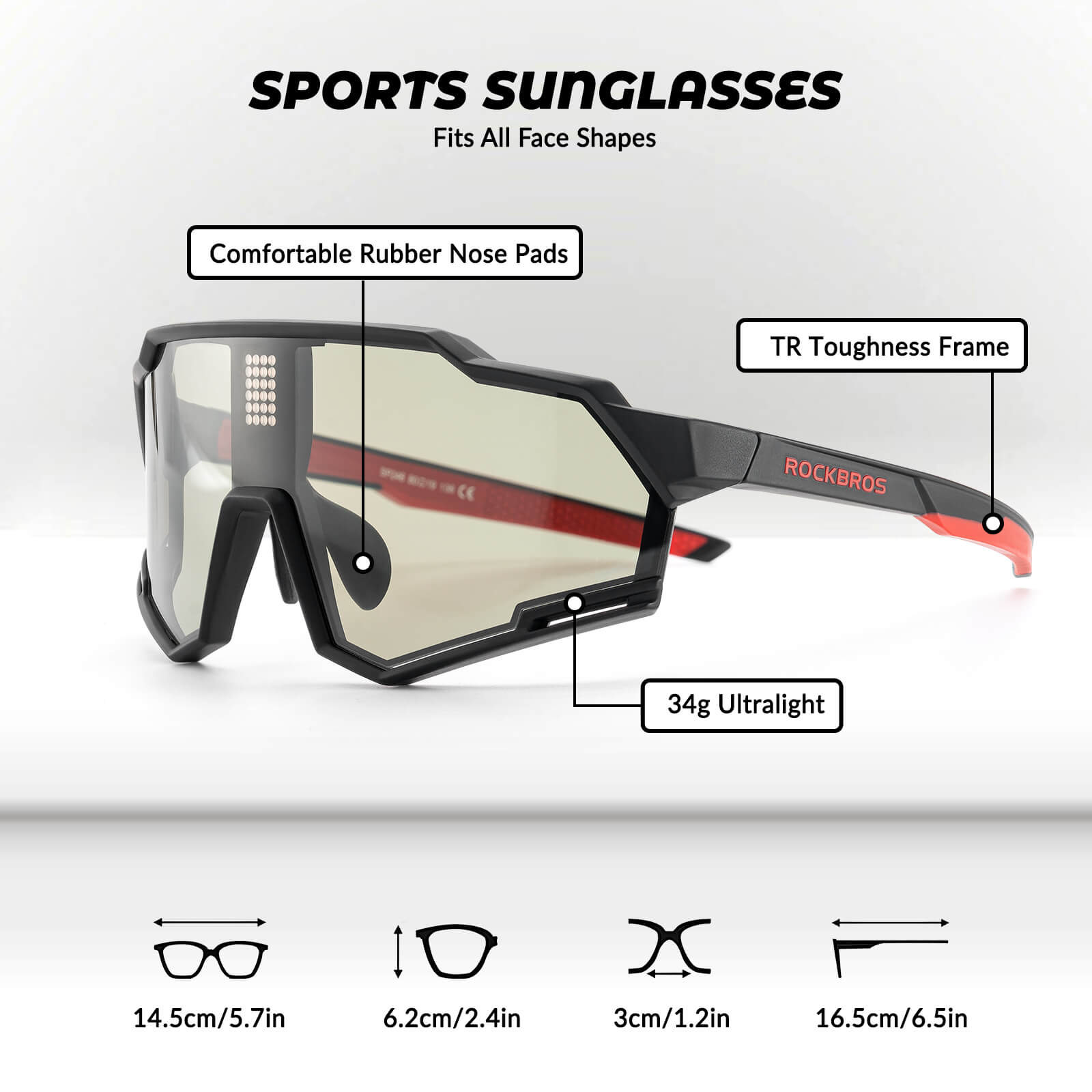 rockbros photochromic cycling sunglasses with clear lens for day and night riding.
