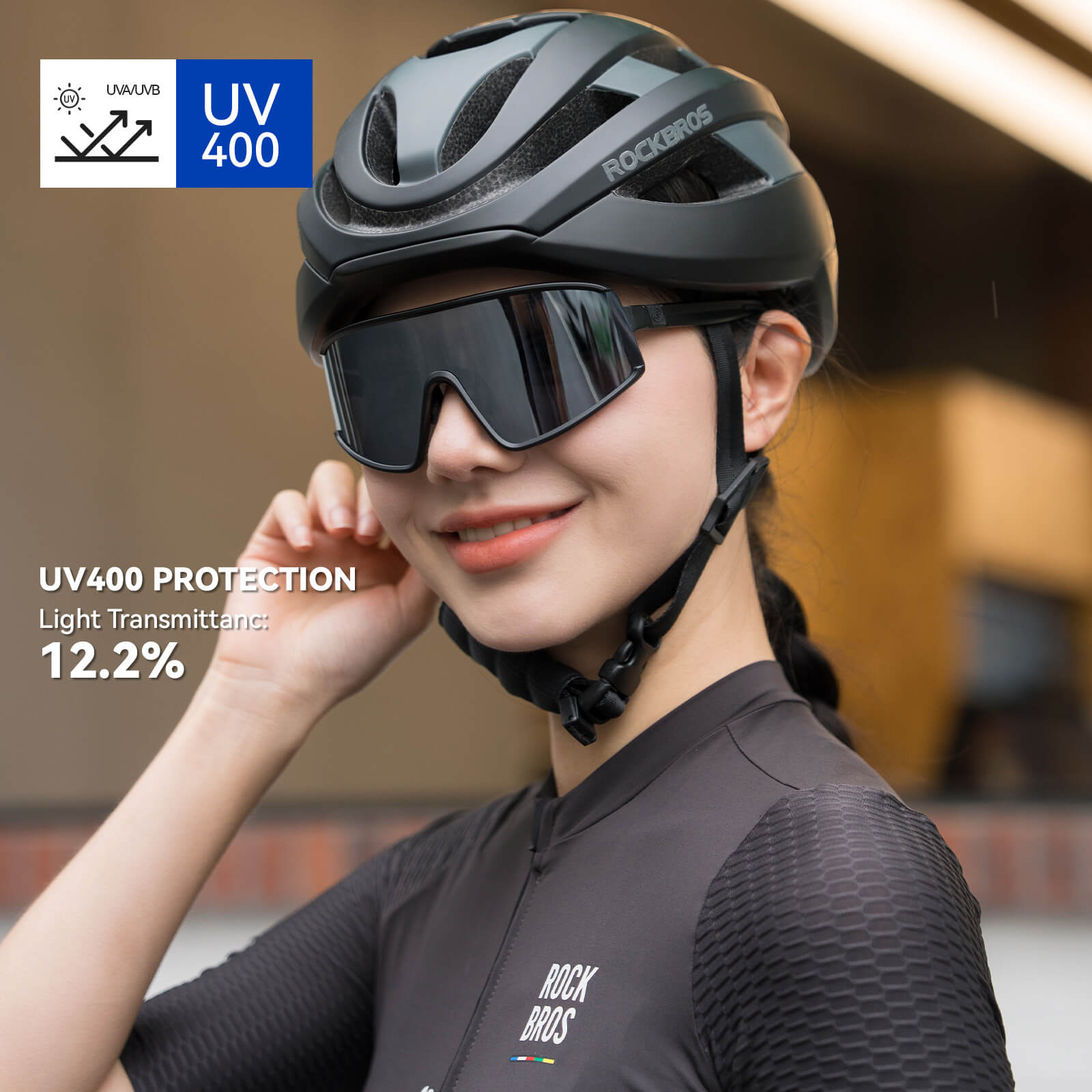 rockbros polarised uv400 cycling glasses worn while riding
#color_black