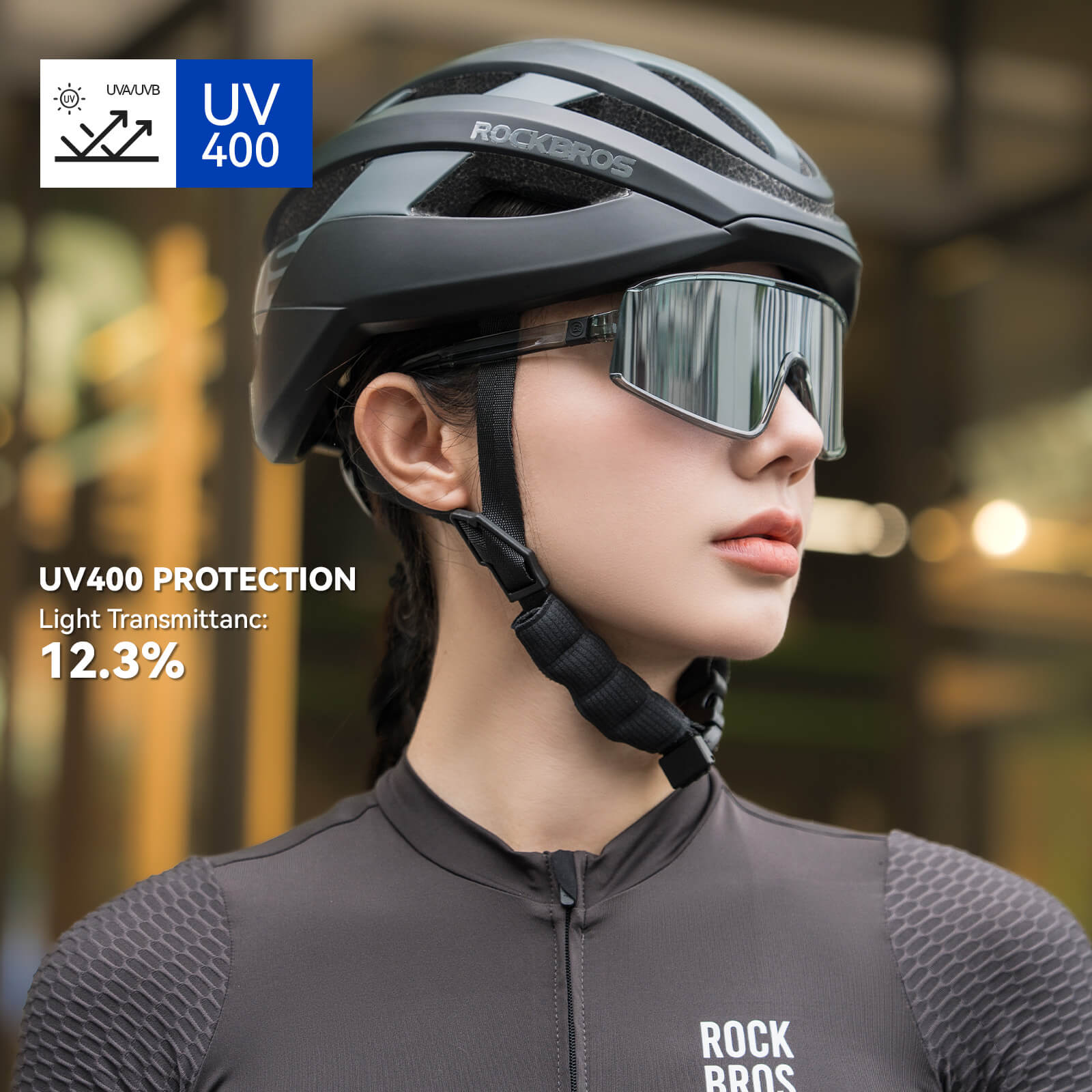 rockbros polarised uv400 cycling glasses worn while riding
#color_gray