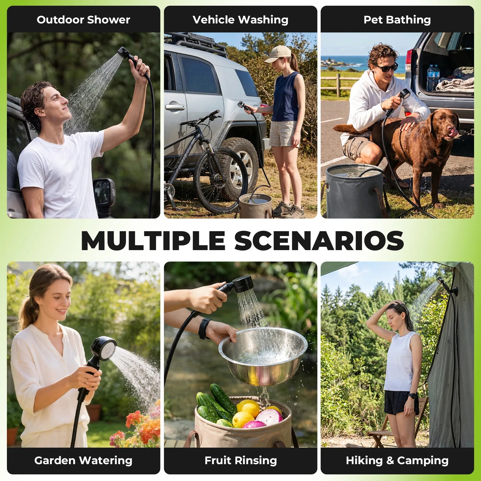ROCKBROS portable camping shower pump with IPX8 waterproof rating, complete outdoor shower kit with pump, hose, and shower head.