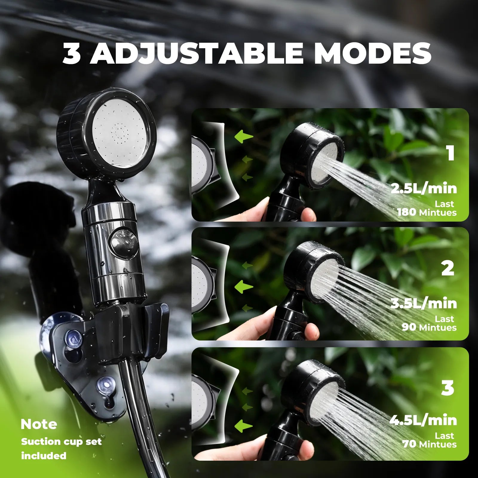 ROCKBROS portable camping shower pump with IPX8 waterproof rating, complete outdoor shower kit with pump, hose, and shower head.