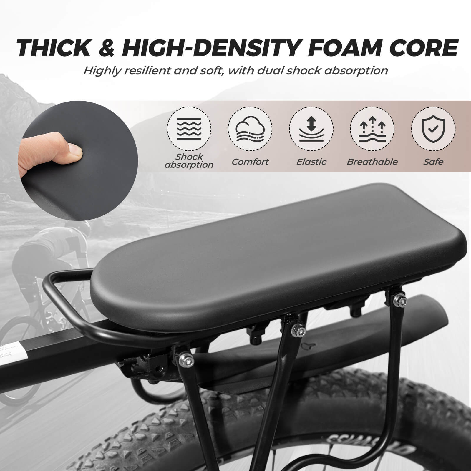 RockBros comfortable PU leather bike rear seat cushion for luggage racks, waterproof black padded bicycle passenger seat.